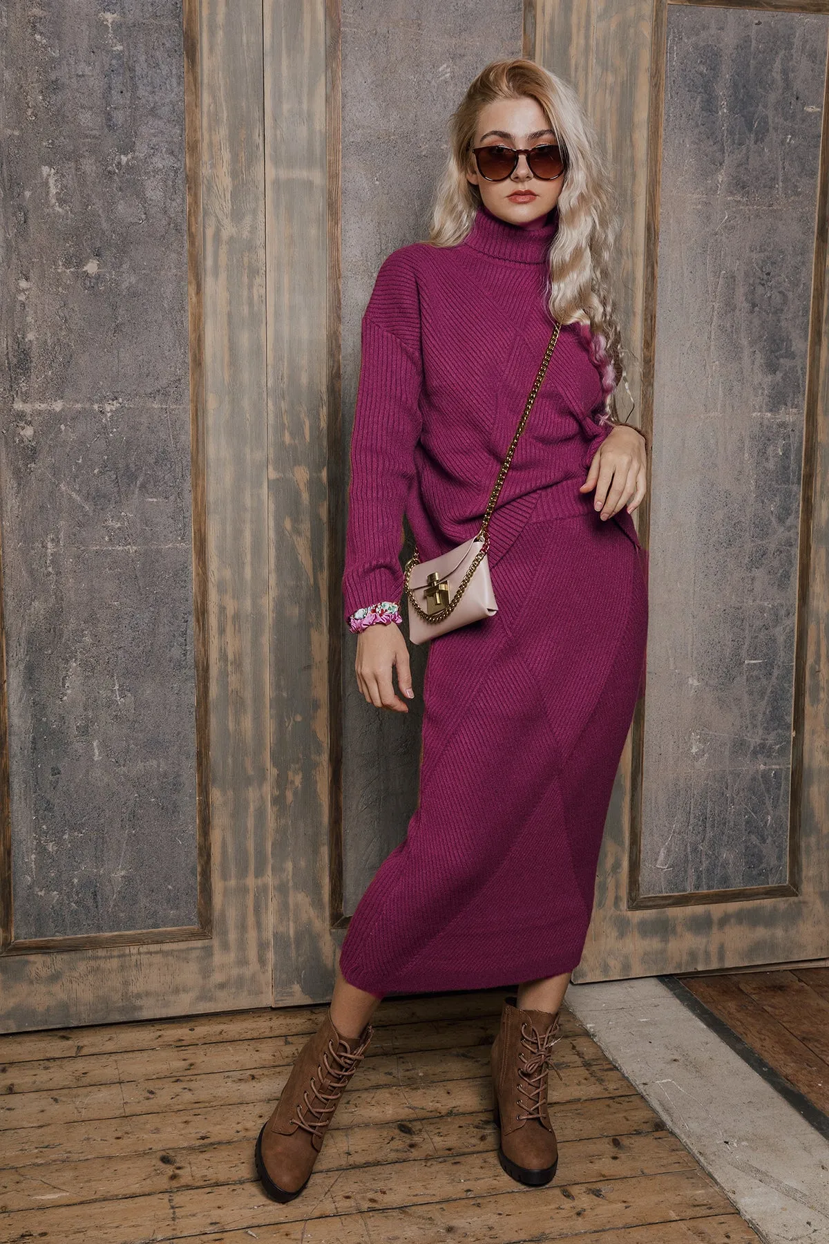 Diagonal Rib Knit High Neck Sweater