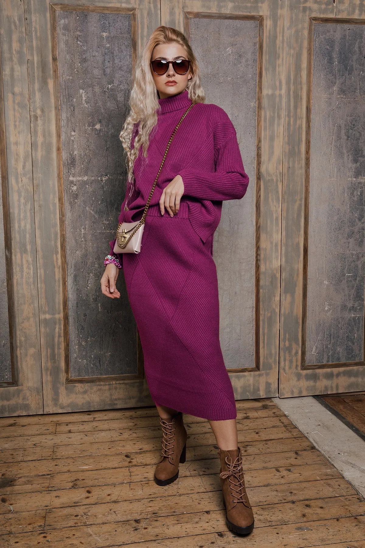 Diagonal Rib Knit High Neck Sweater