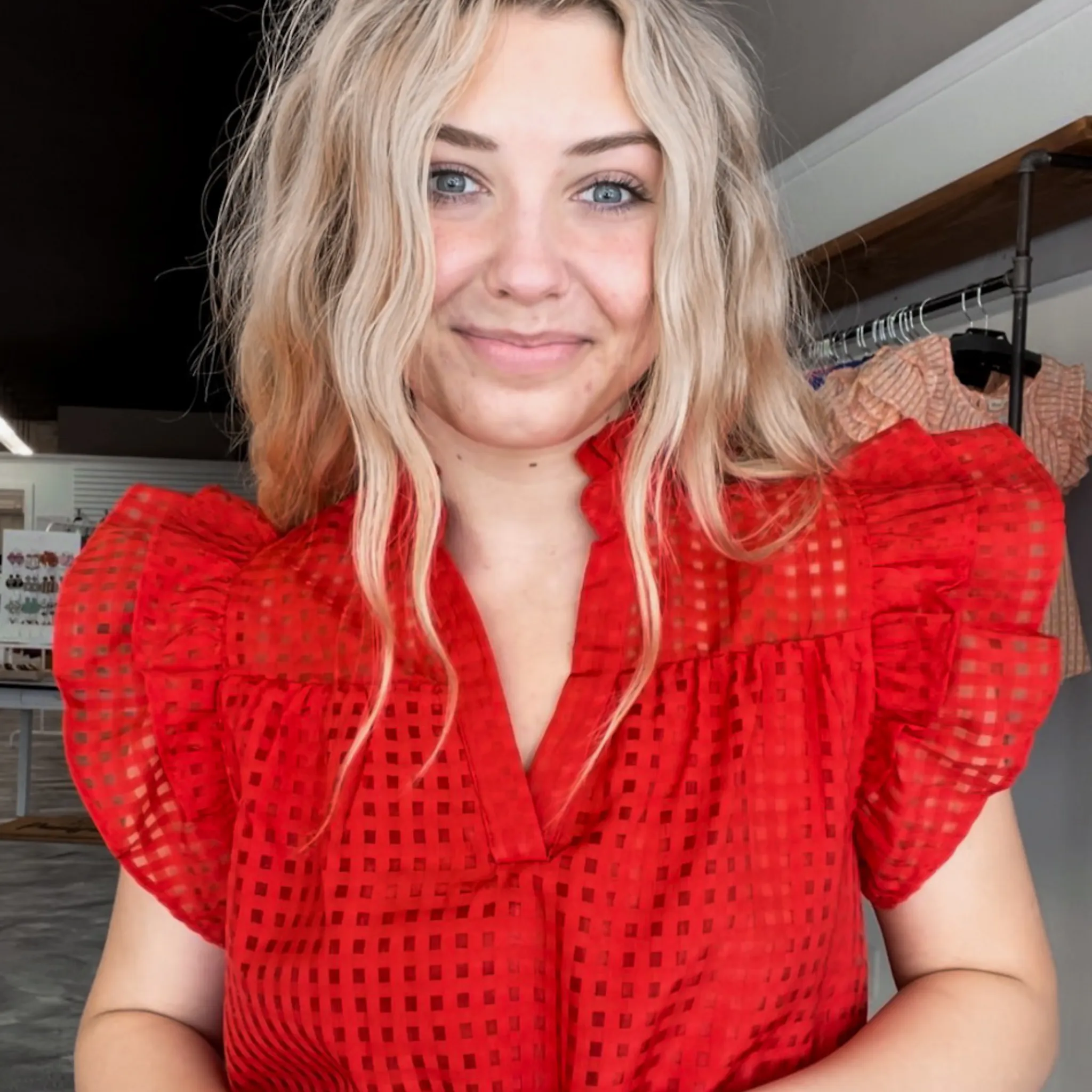 Dreaming of Game Day Red Checkered Organza Top