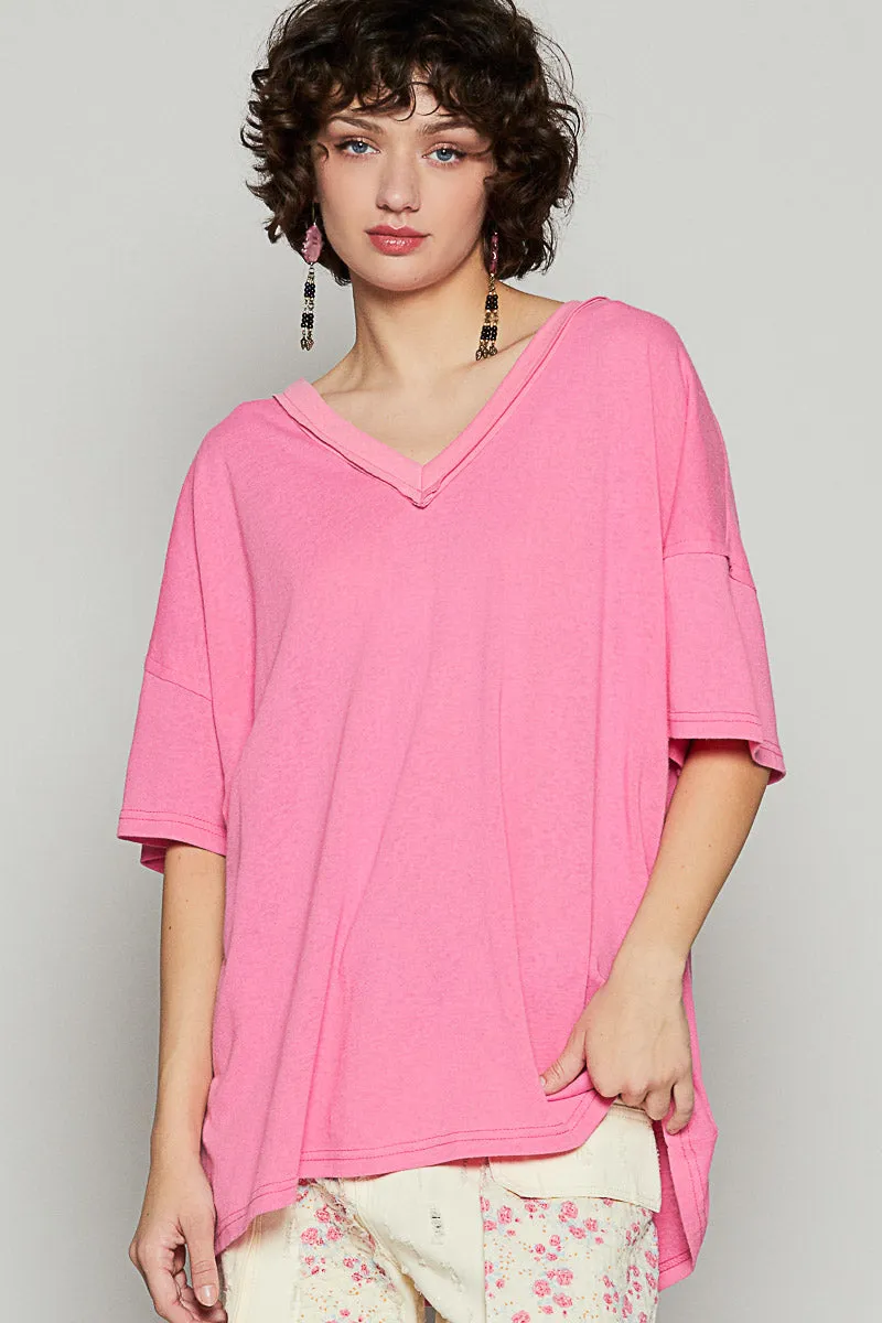 Drop Shoulder V-Neck Basic Tee by POL - Barbie Pink