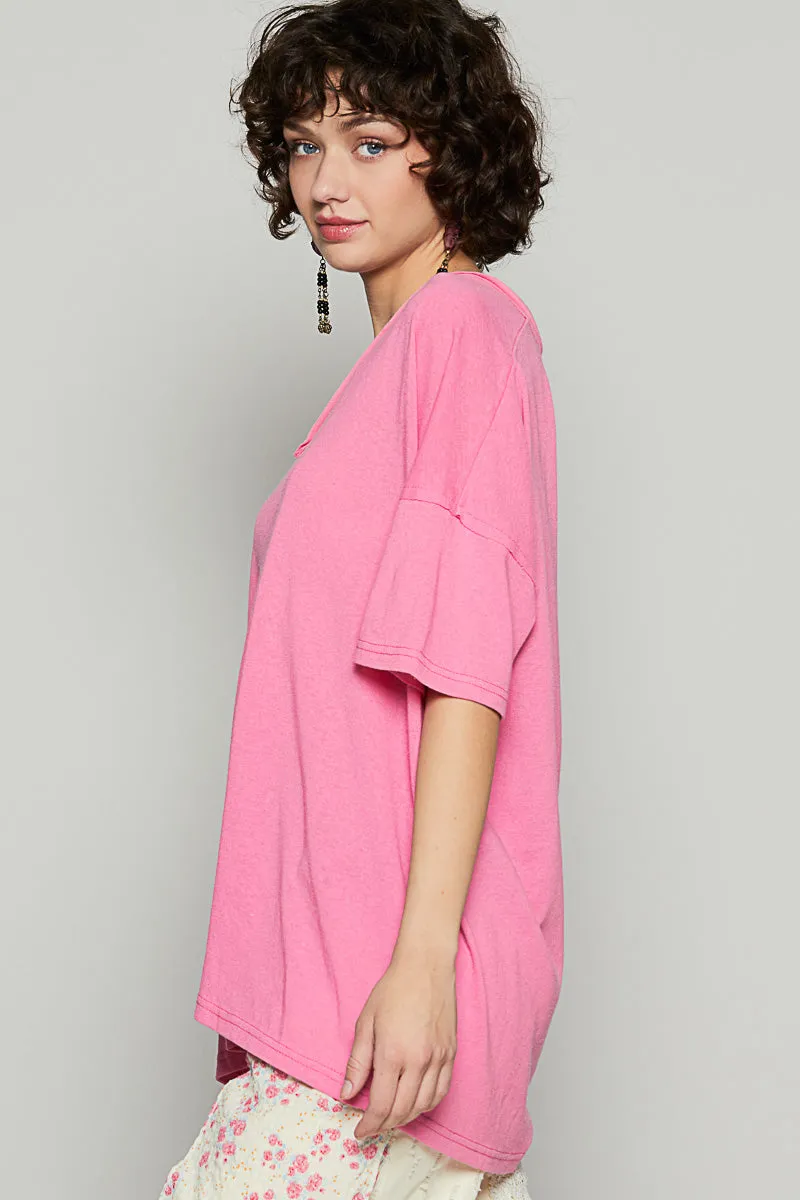 Drop Shoulder V-Neck Basic Tee by POL - Barbie Pink