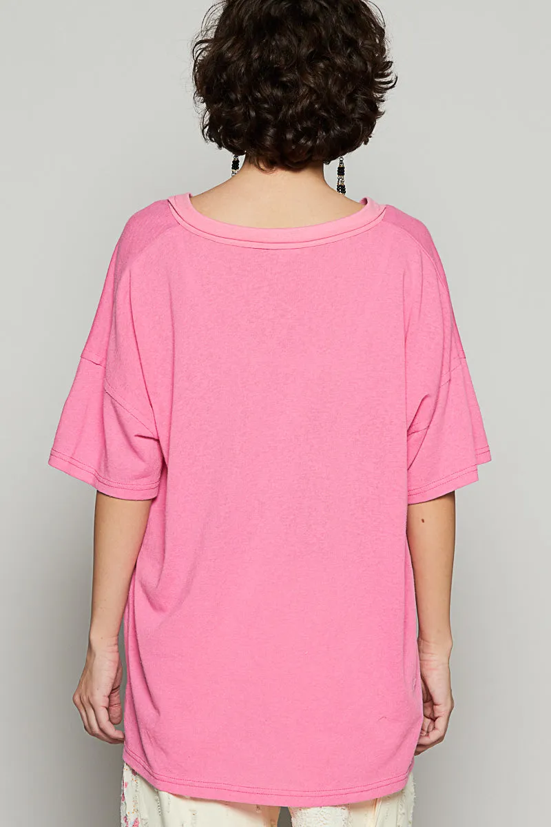 Drop Shoulder V-Neck Basic Tee by POL - Barbie Pink
