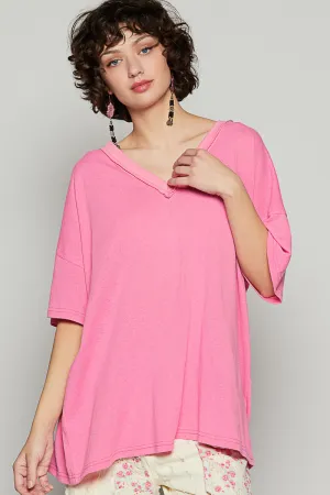 Drop Shoulder V-Neck Basic Tee by POL - Barbie Pink