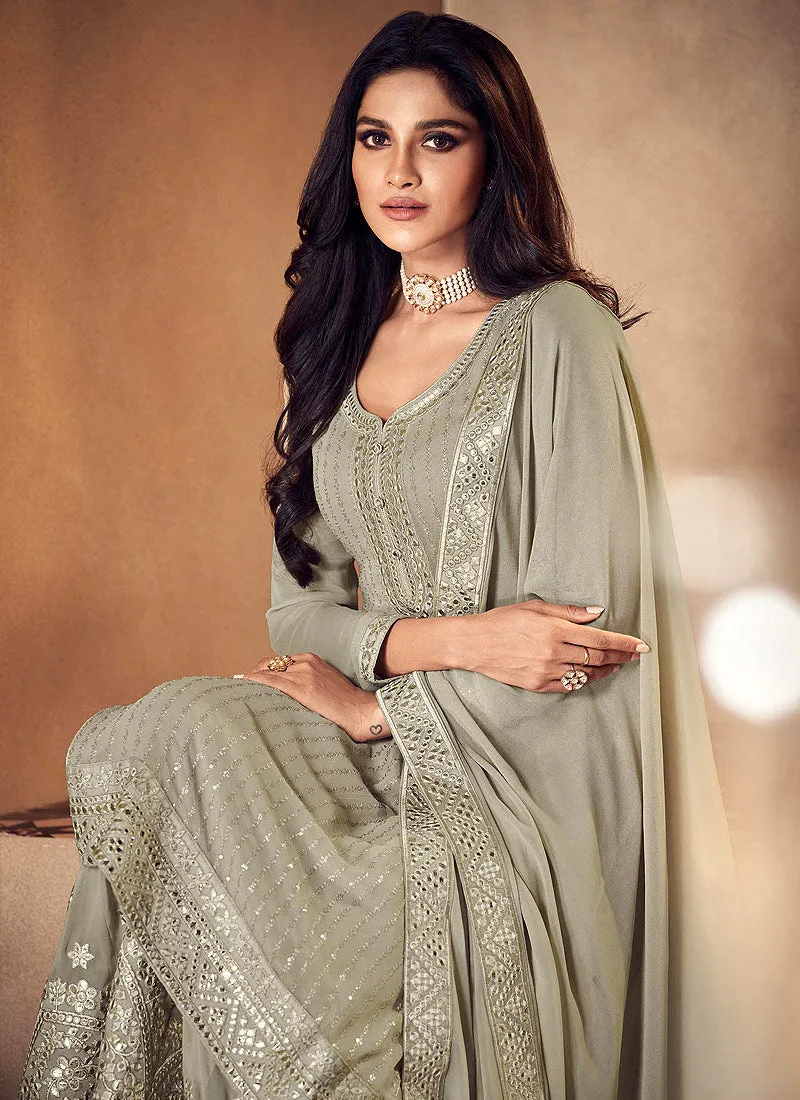 Dusty Beige Badla Embellished Designer Lehenga Suit
