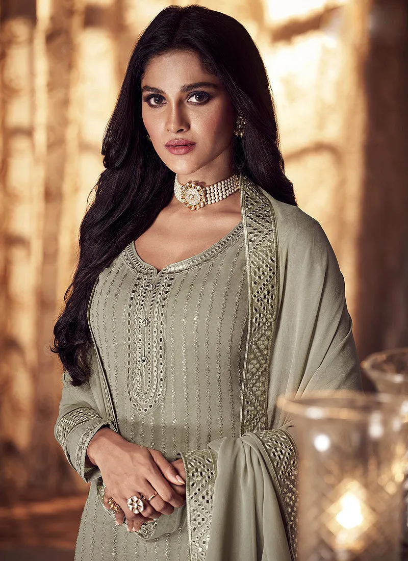 Dusty Beige Badla Embellished Designer Lehenga Suit