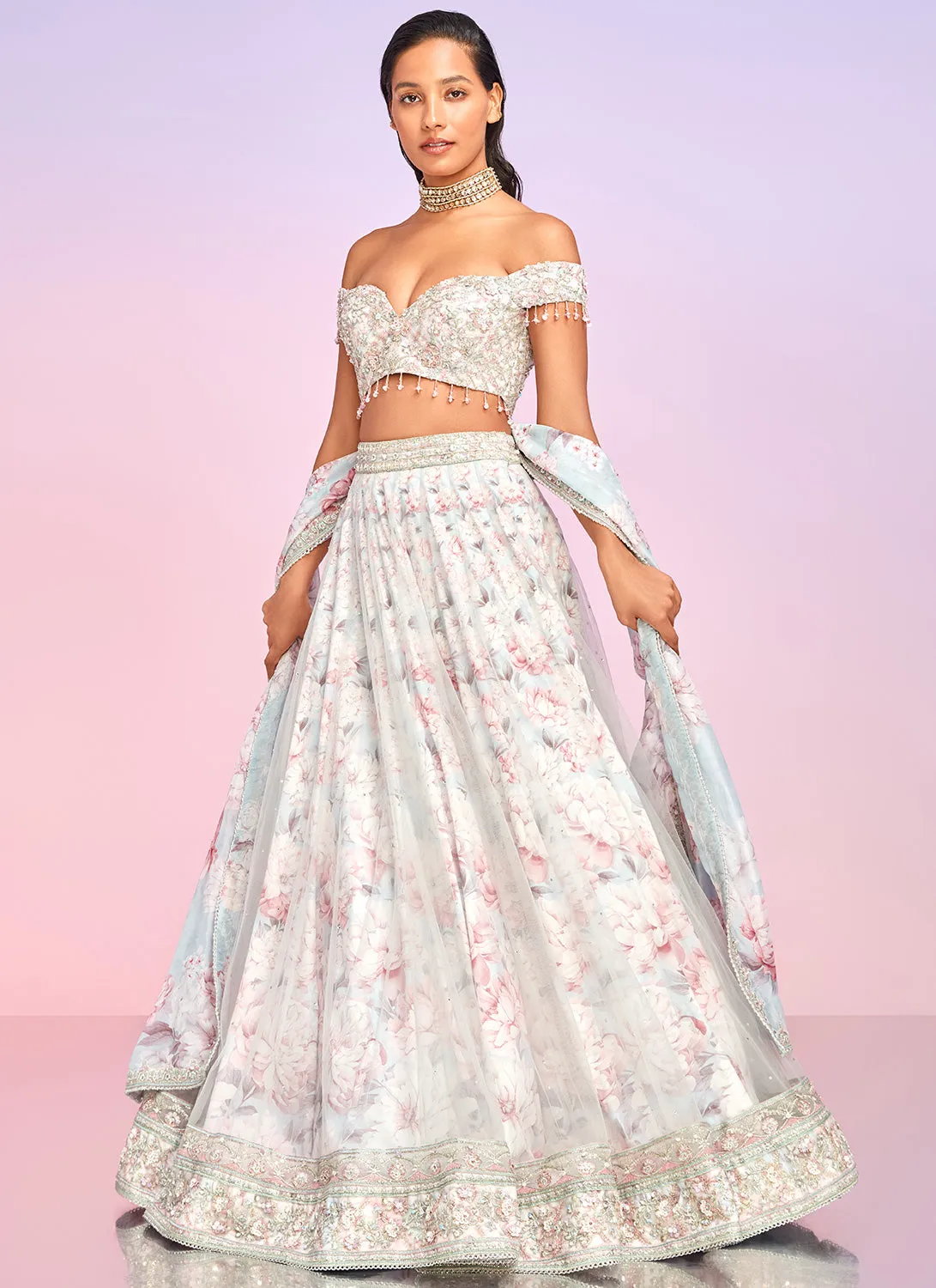 Dusty Blue and Pink Floral Embellished Lehenga