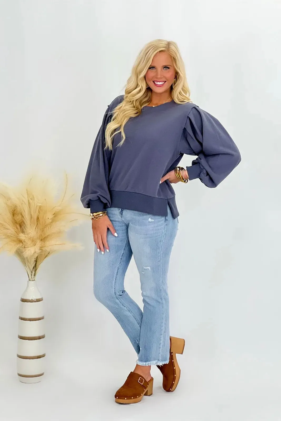 Dusty Navy Loose Fit Bubble Long Sleeve Top *Final Sale*