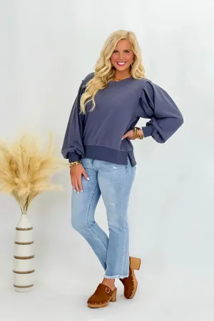 Dusty Navy Loose Fit Bubble Long Sleeve Top *Final Sale*