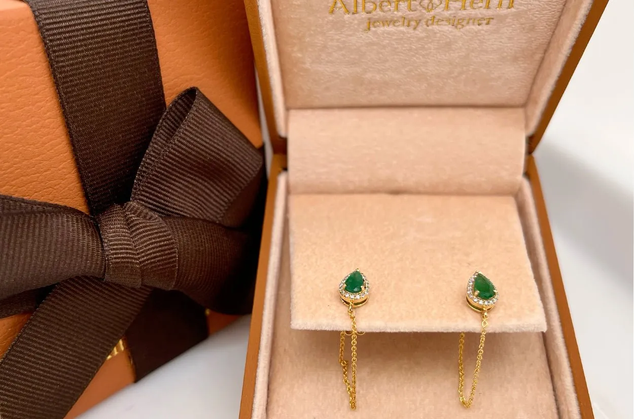 Earrings 14kt Gold Emerald Pears Studs Chain & Diamonds