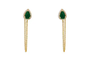 Earrings 14kt Gold Emerald Pears Studs Chain & Diamonds