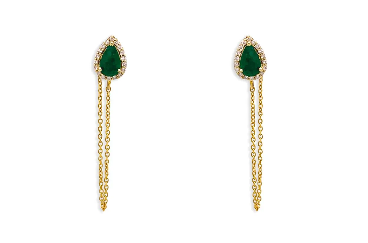 Earrings 14kt Gold Emerald Pears Studs Chain & Diamonds