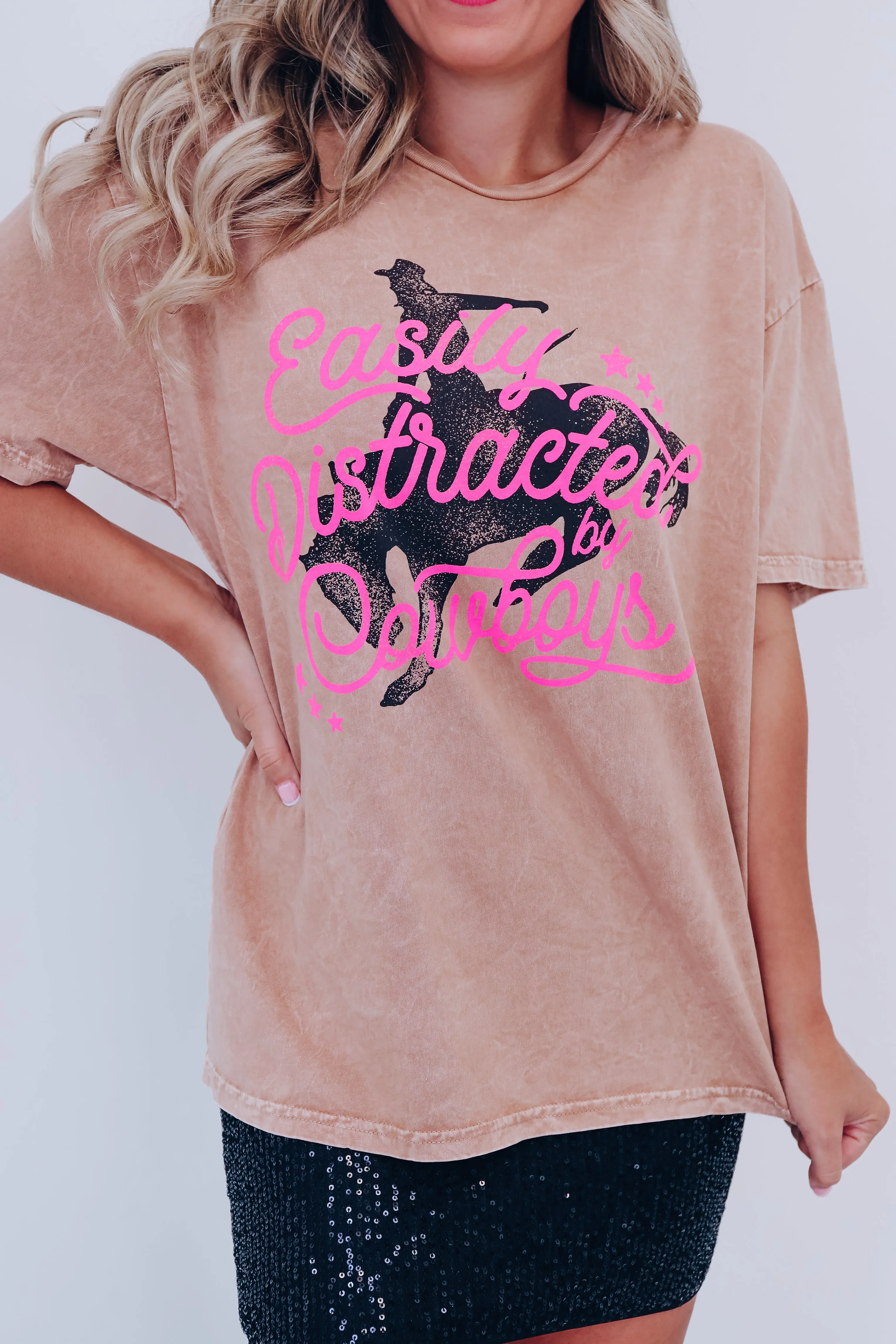 Easily Distracted By Cowboys Graphic Tee - Taupe