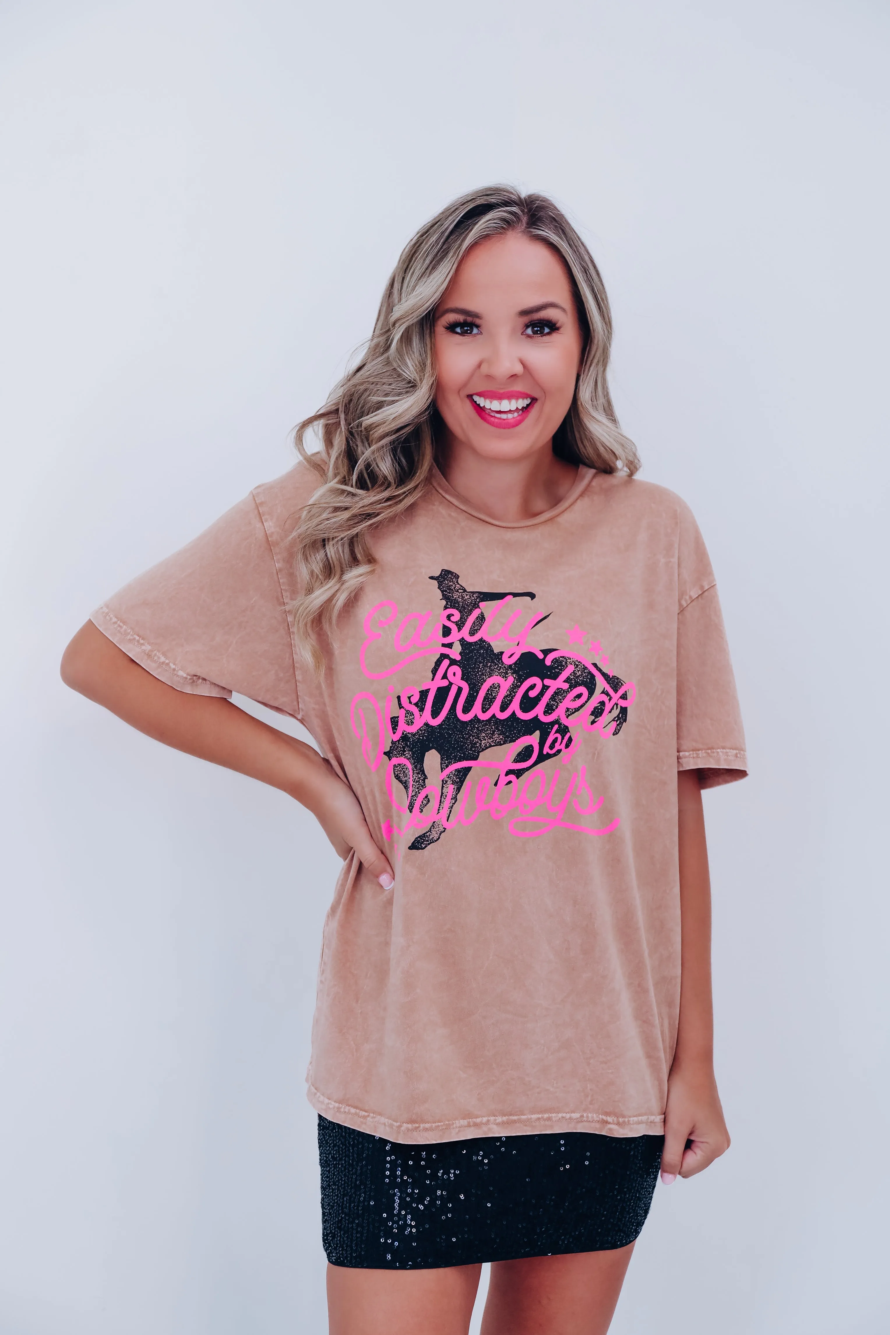 Easily Distracted By Cowboys Graphic Tee - Taupe