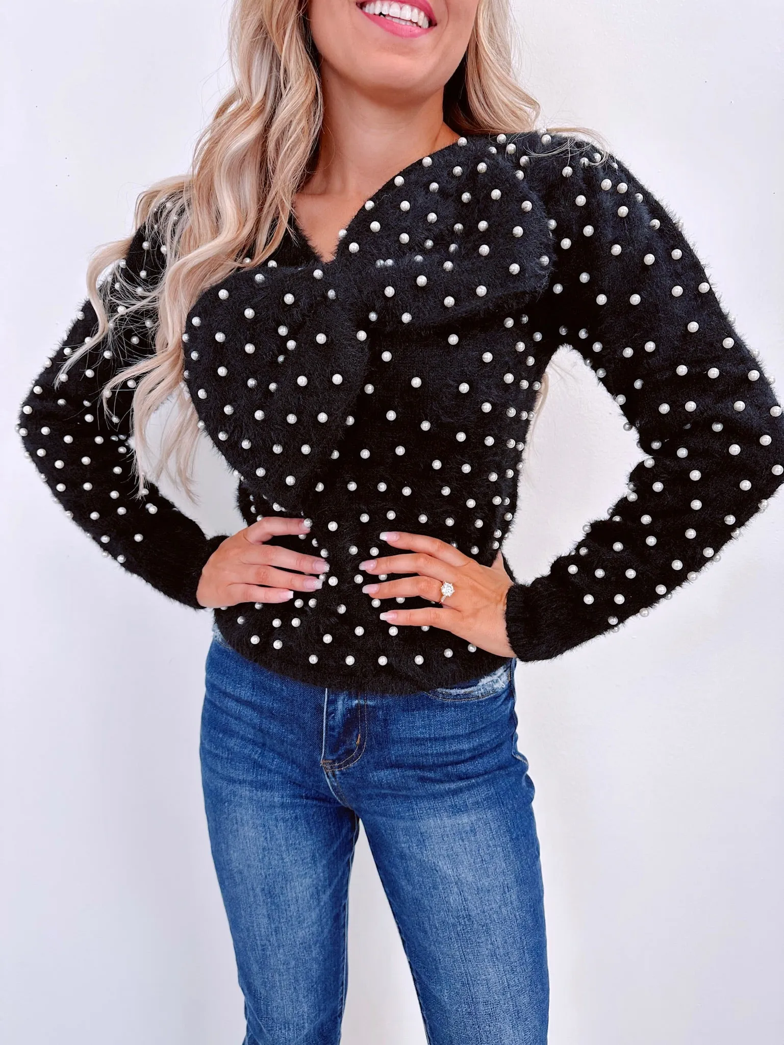 Ella Eyelash Knit Adorned Sweater - Black