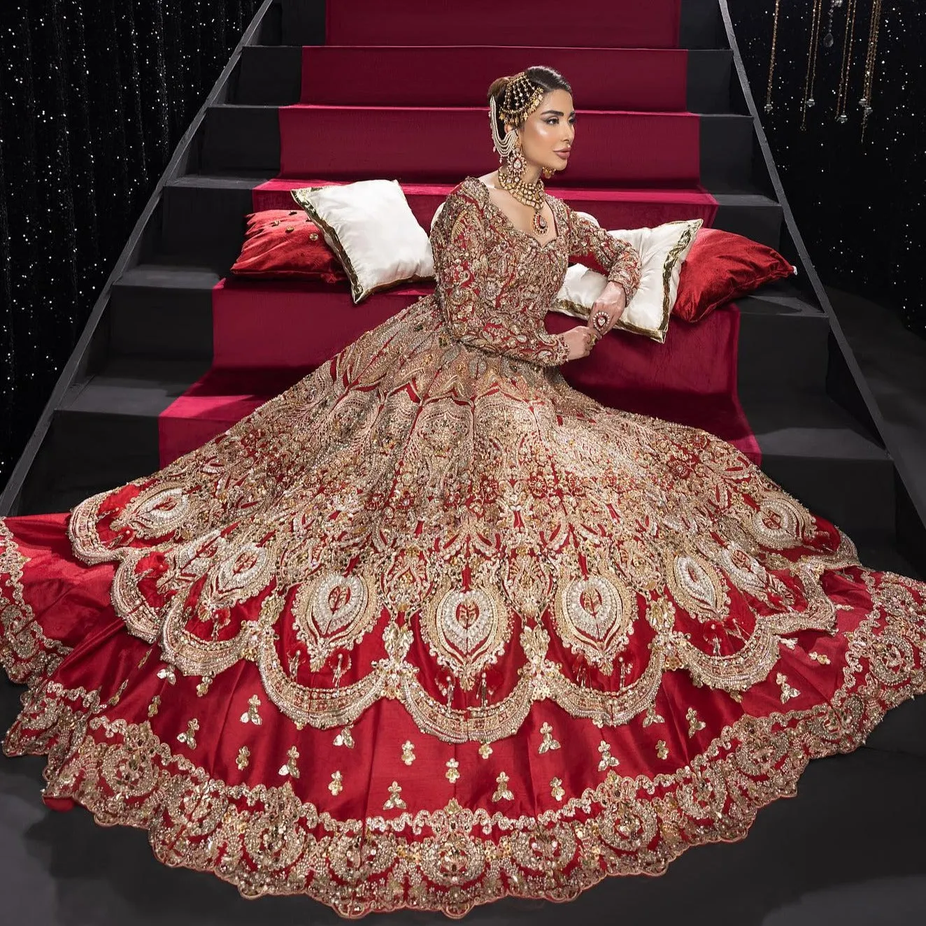 Embellished Red Lehenga Gown Pakistani Bridal Dresses