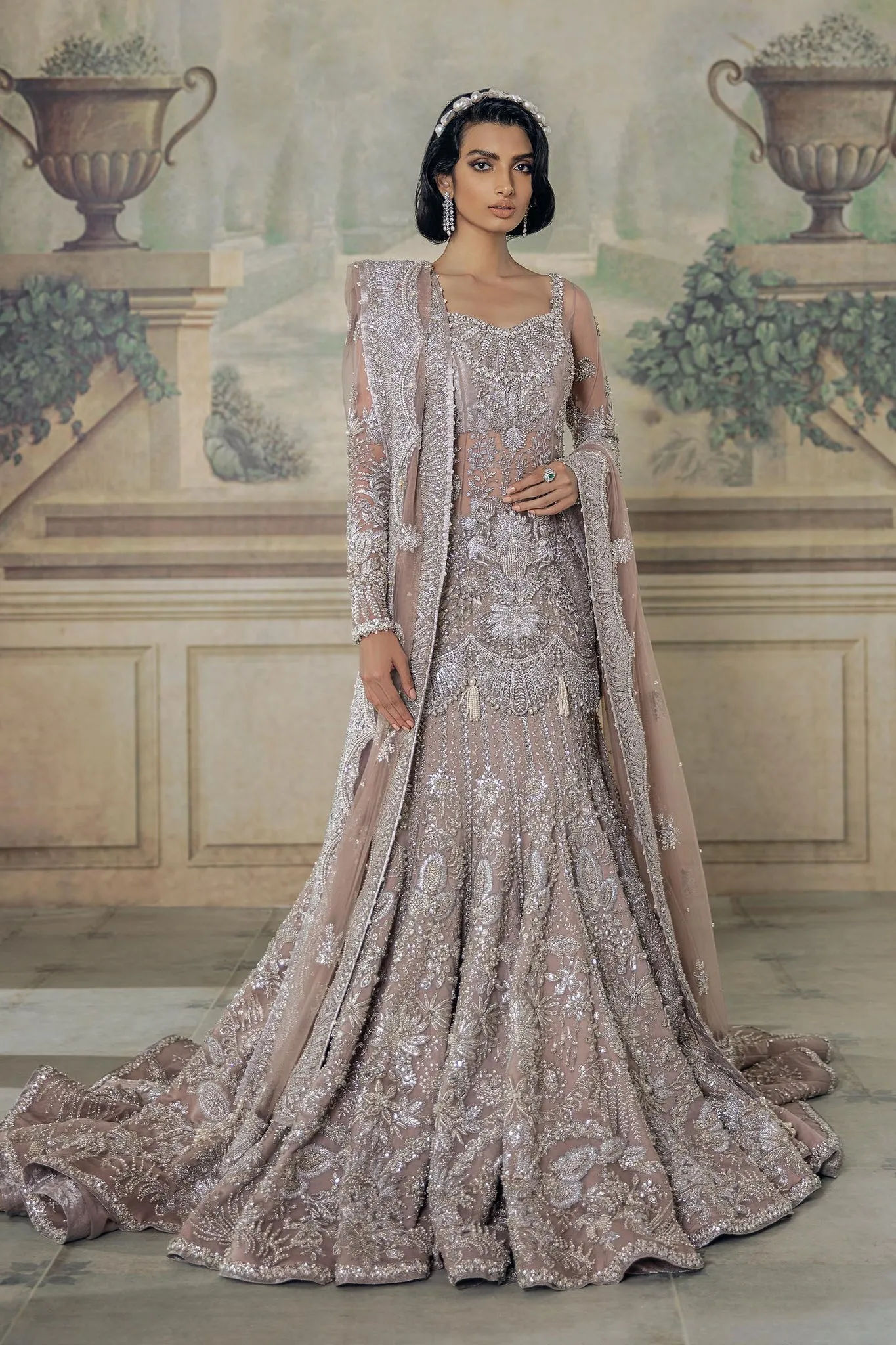 Embellished Silver Grey Mermaid Lehenga for Bridal Wear