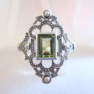 Emerald Cut Peridot in Sterling Silver Filigree Mounting with Seed Pearl