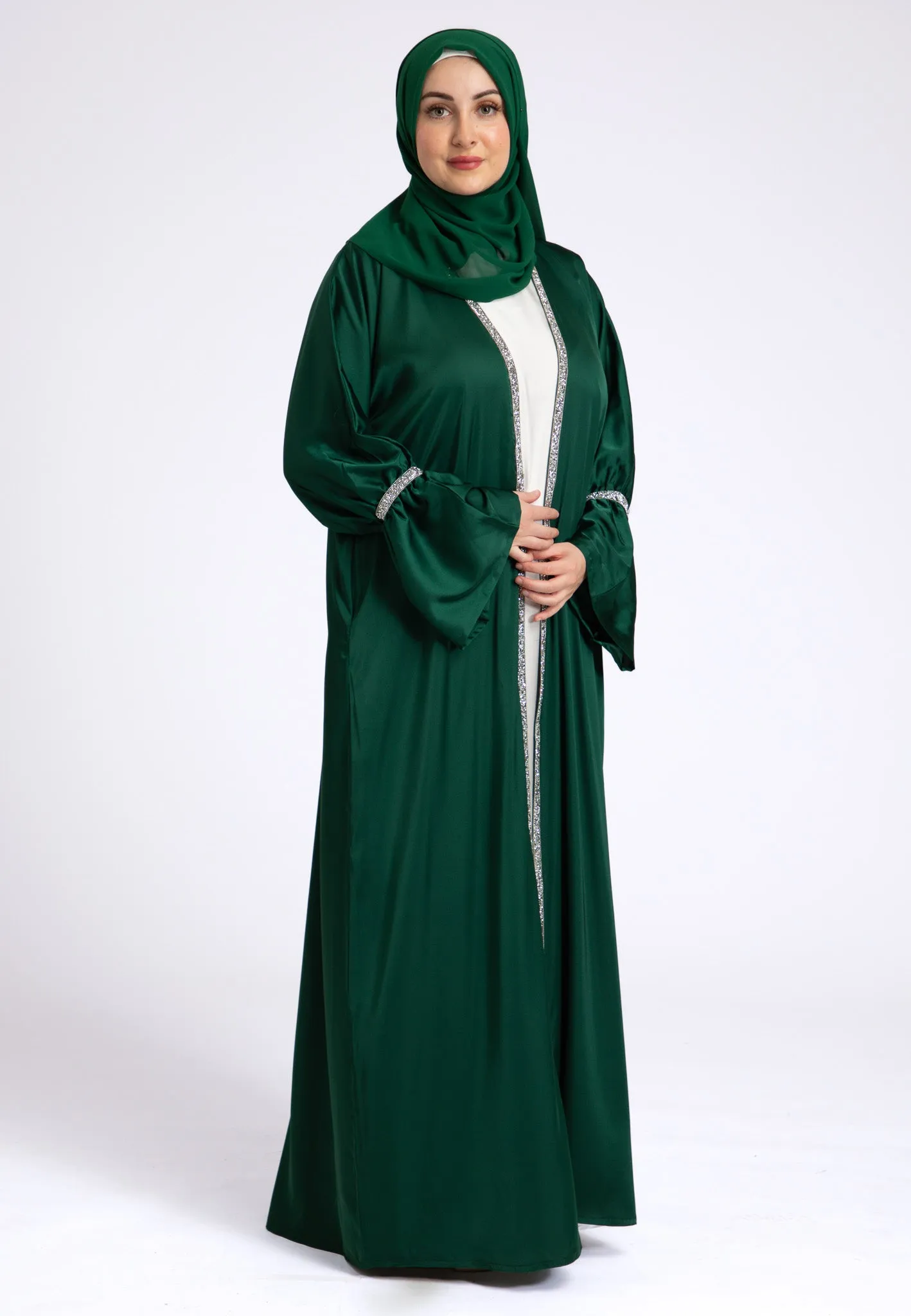 Emerald Green Satin Open Abaya Set