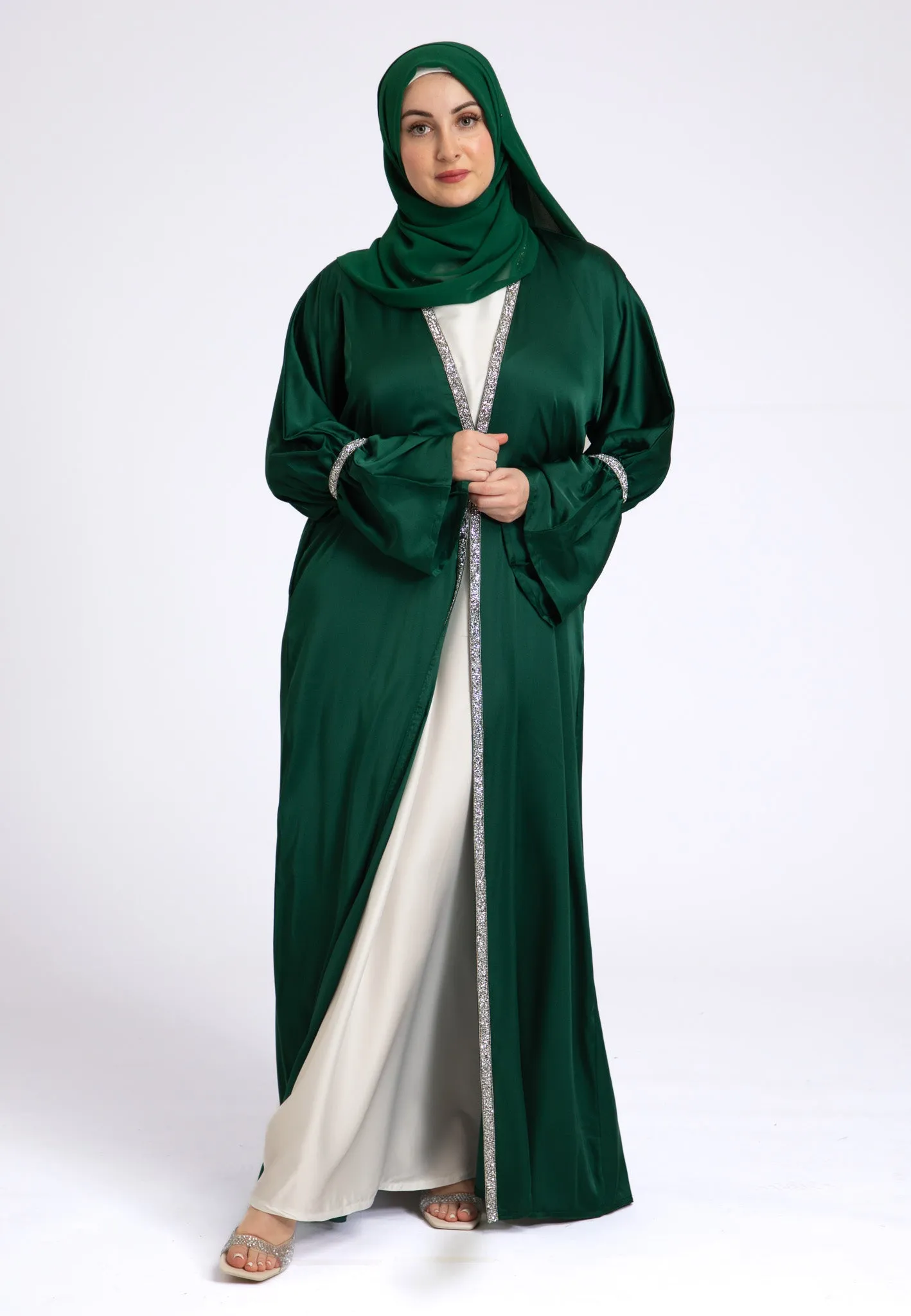 Emerald Green Satin Open Abaya Set