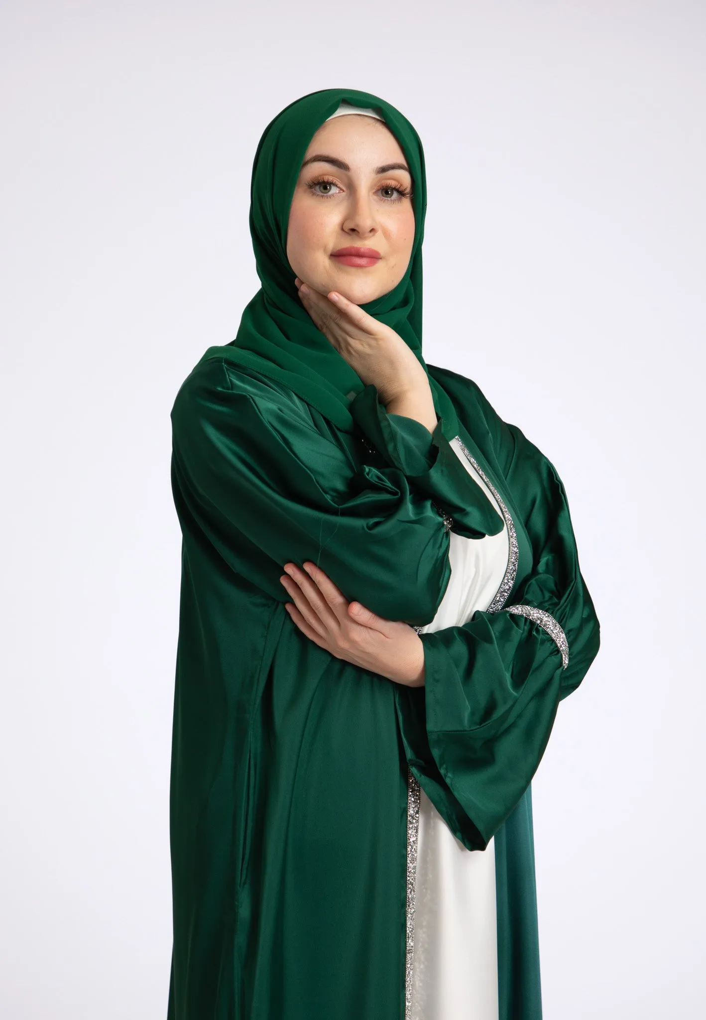 Emerald Green Satin Open Abaya Set
