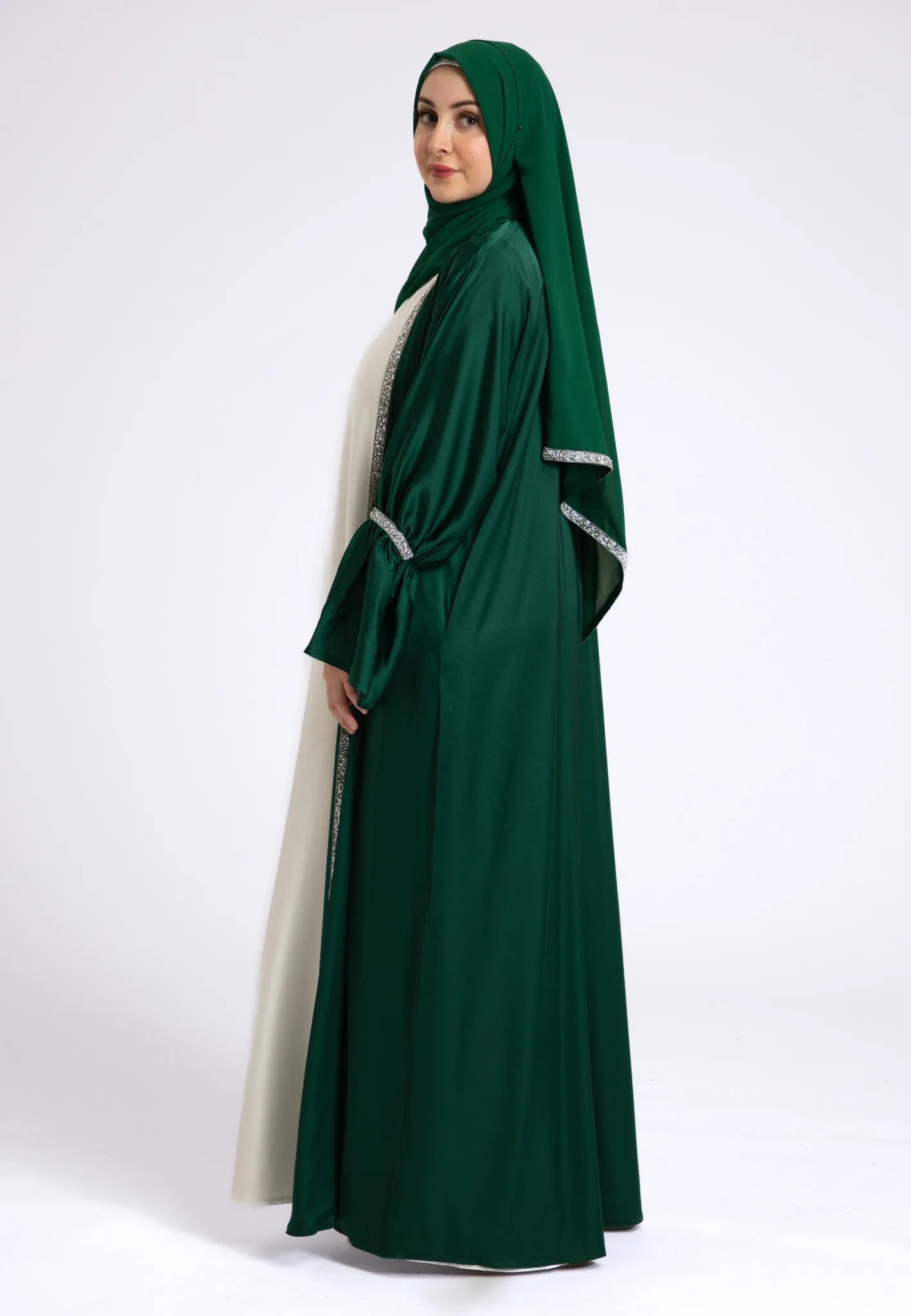 Emerald Green Satin Open Abaya Set
