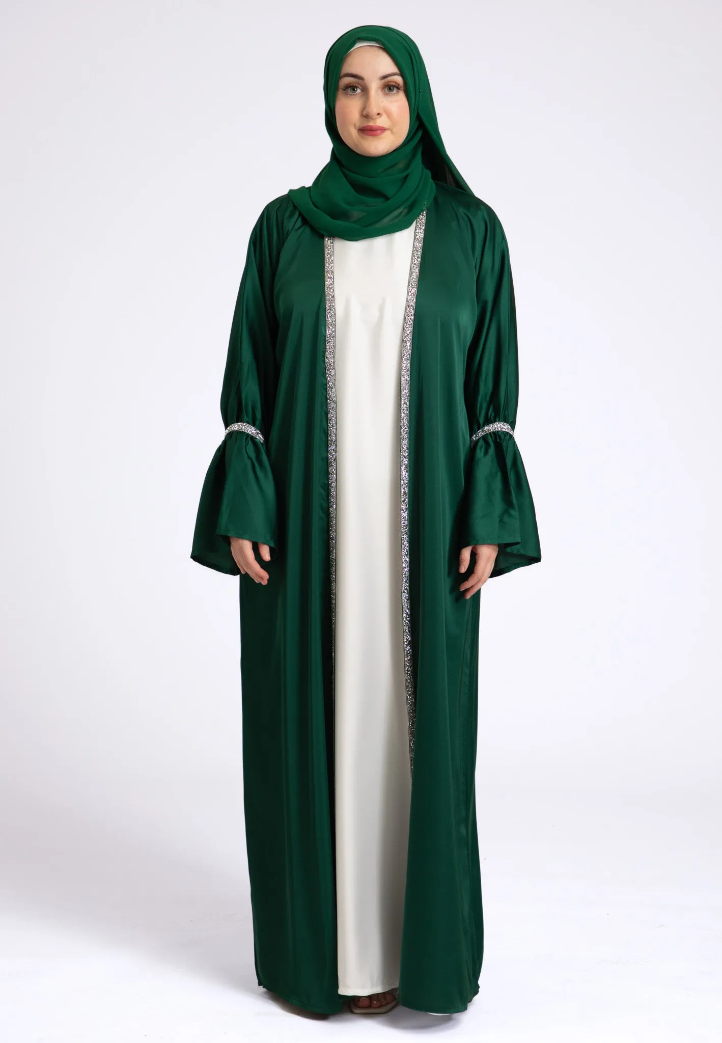 Emerald Green Satin Open Abaya Set