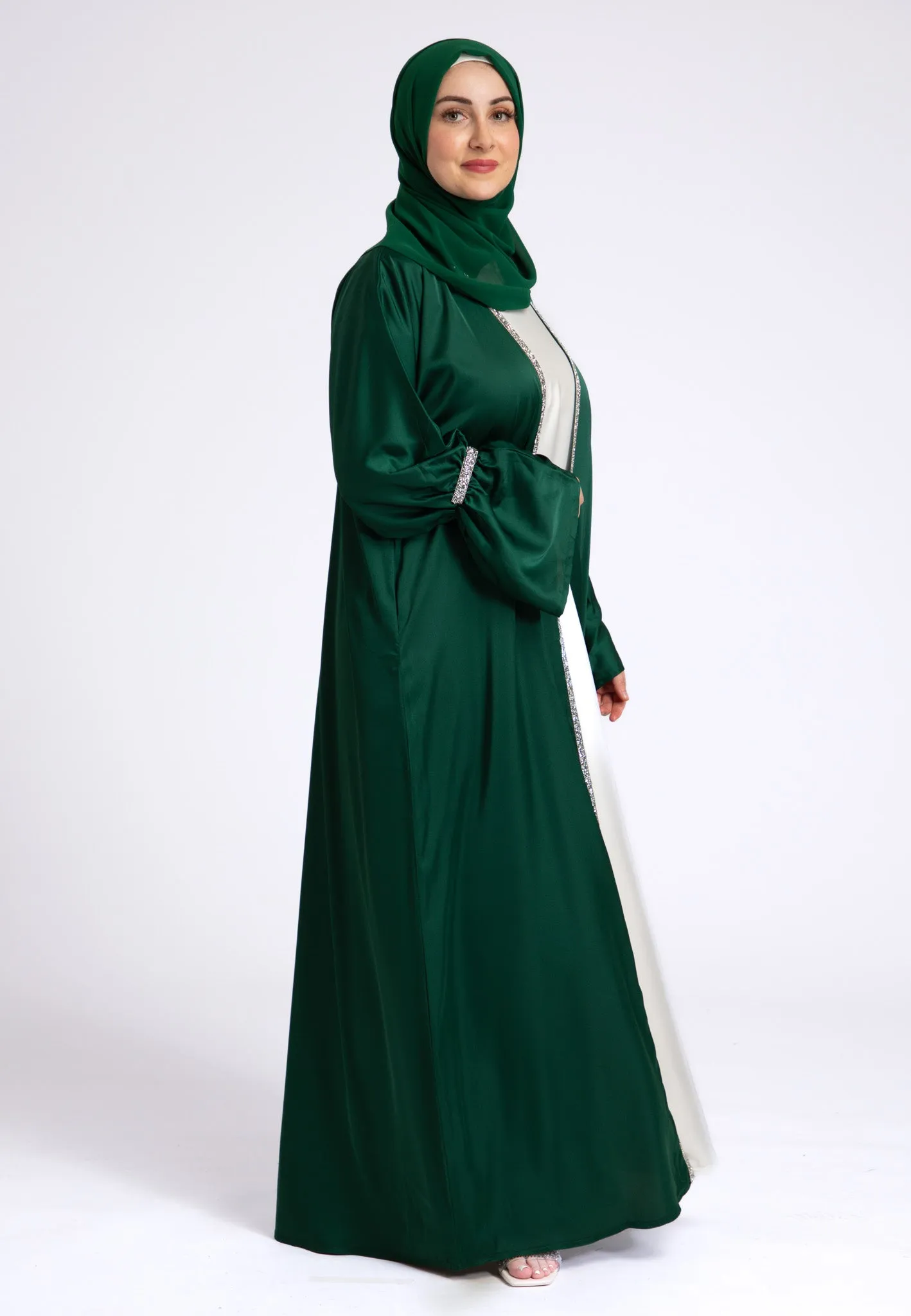 Emerald Green Satin Open Abaya Set