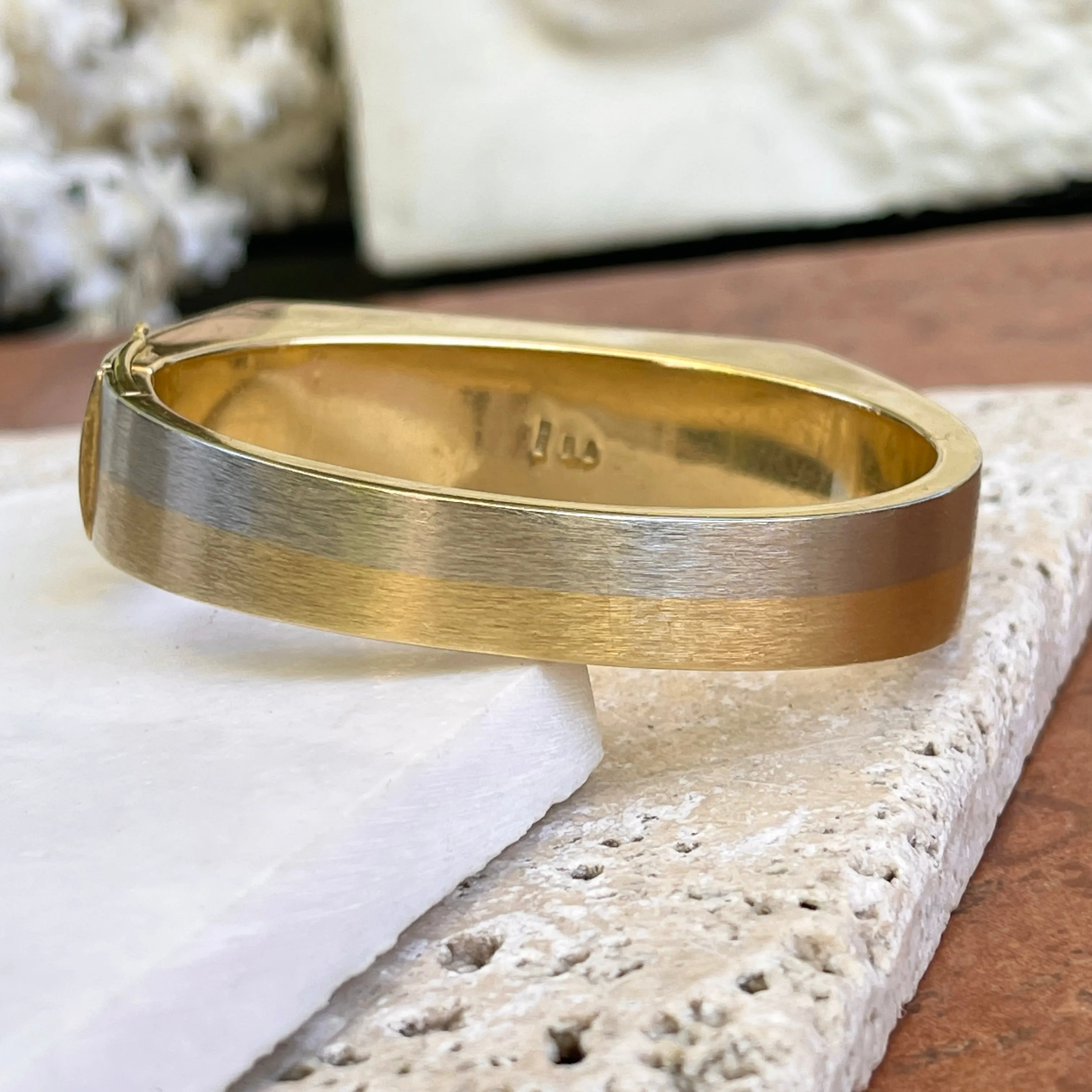 Estate 18KT Yellow Gold   White Gold Matte Striped 70s Bangle Bracelet