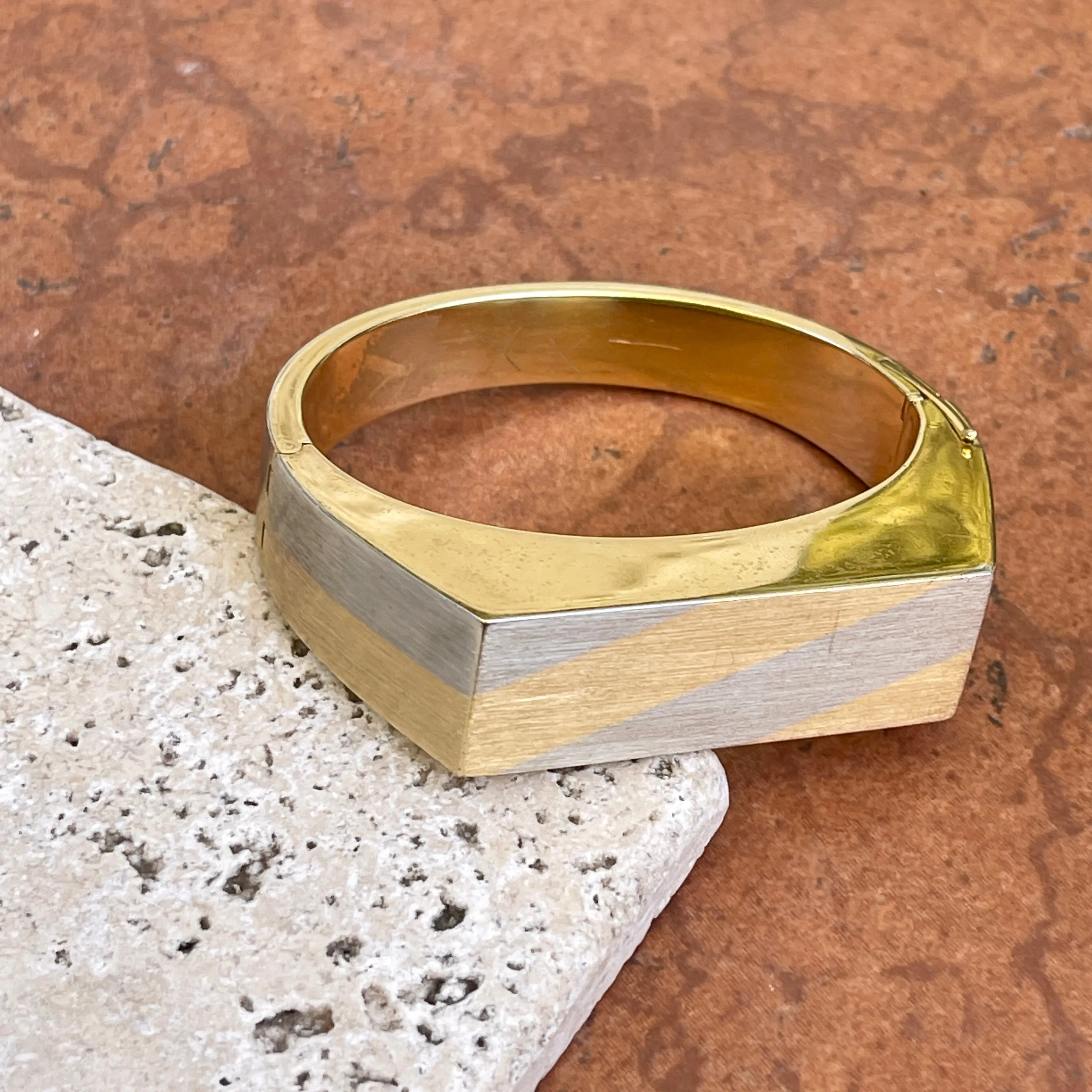 Estate 18KT Yellow Gold   White Gold Matte Striped 70s Bangle Bracelet