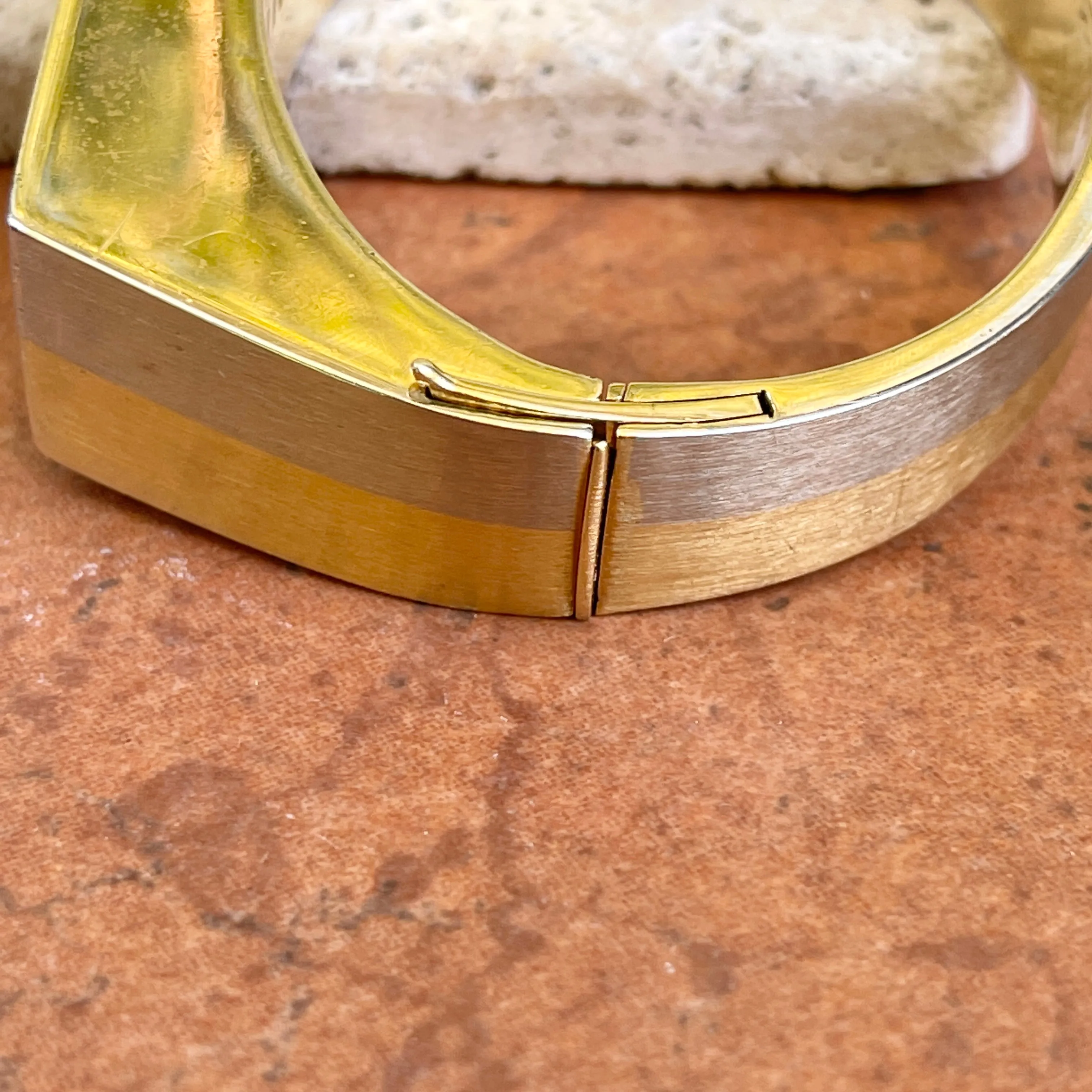 Estate 18KT Yellow Gold   White Gold Matte Striped 70s Bangle Bracelet