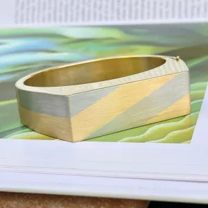 Estate 18KT Yellow Gold   White Gold Matte Striped 70s Bangle Bracelet