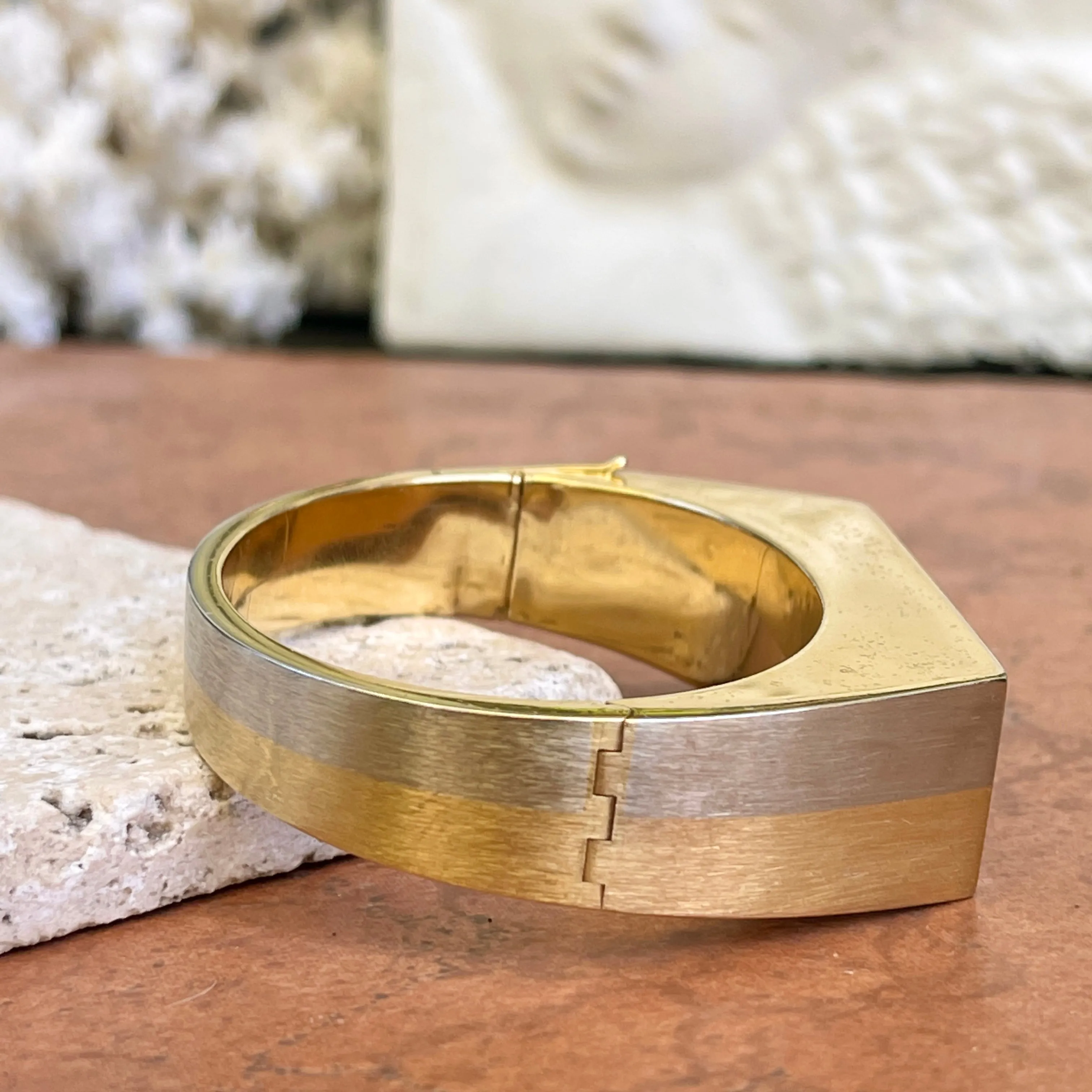 Estate 18KT Yellow Gold   White Gold Matte Striped 70s Bangle Bracelet