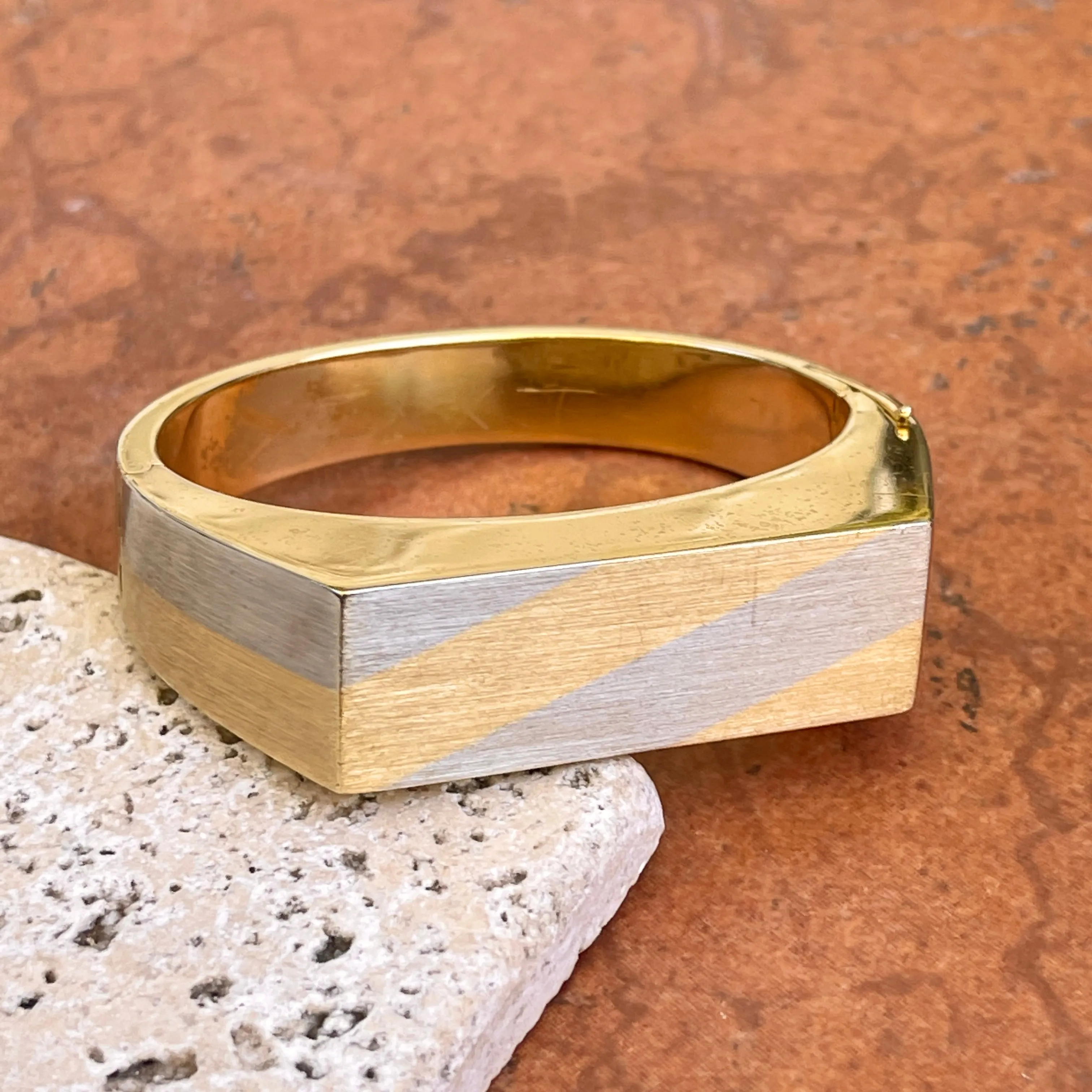 Estate 18KT Yellow Gold   White Gold Matte Striped 70s Bangle Bracelet
