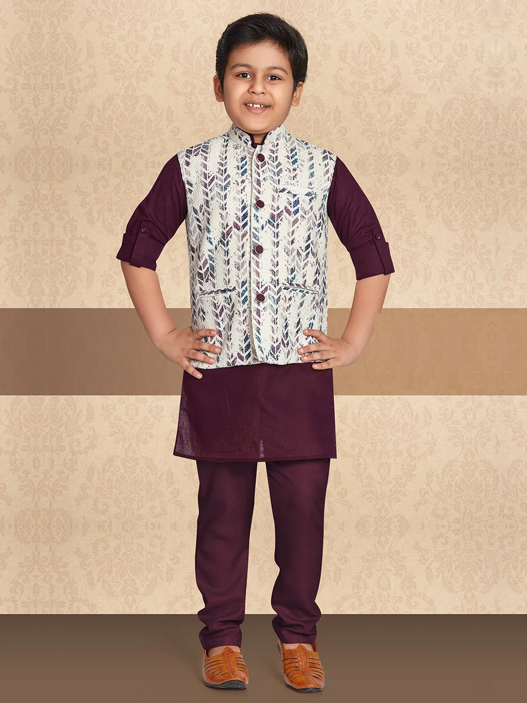 Festive Wine Hue Kurta Set Adorned With Bandi Jacket