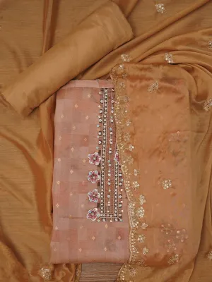 Floral Beige Printed Embellished Cotton Dress Material with Dupatta