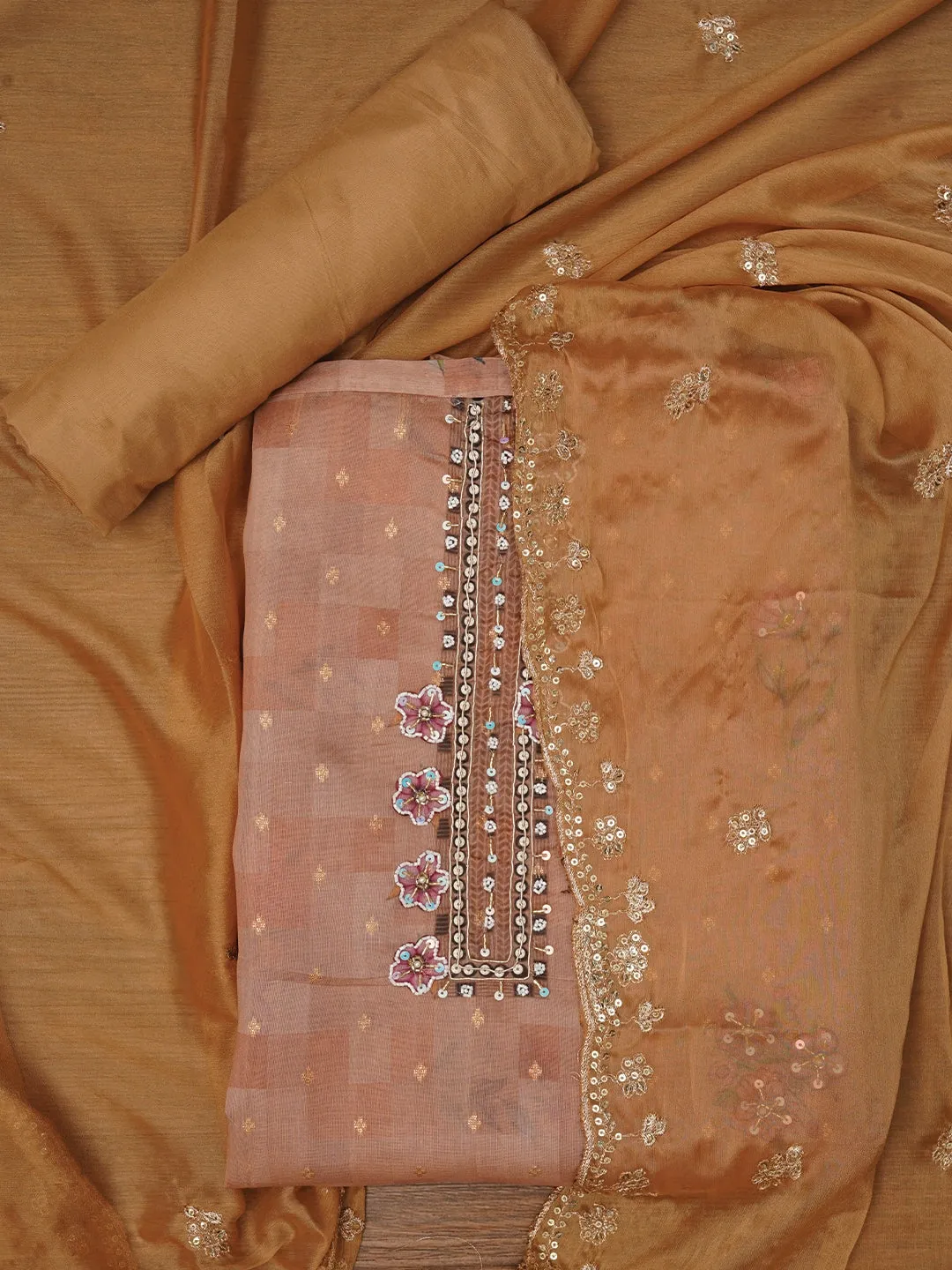 Floral Beige Printed Embellished Cotton Dress Material with Dupatta