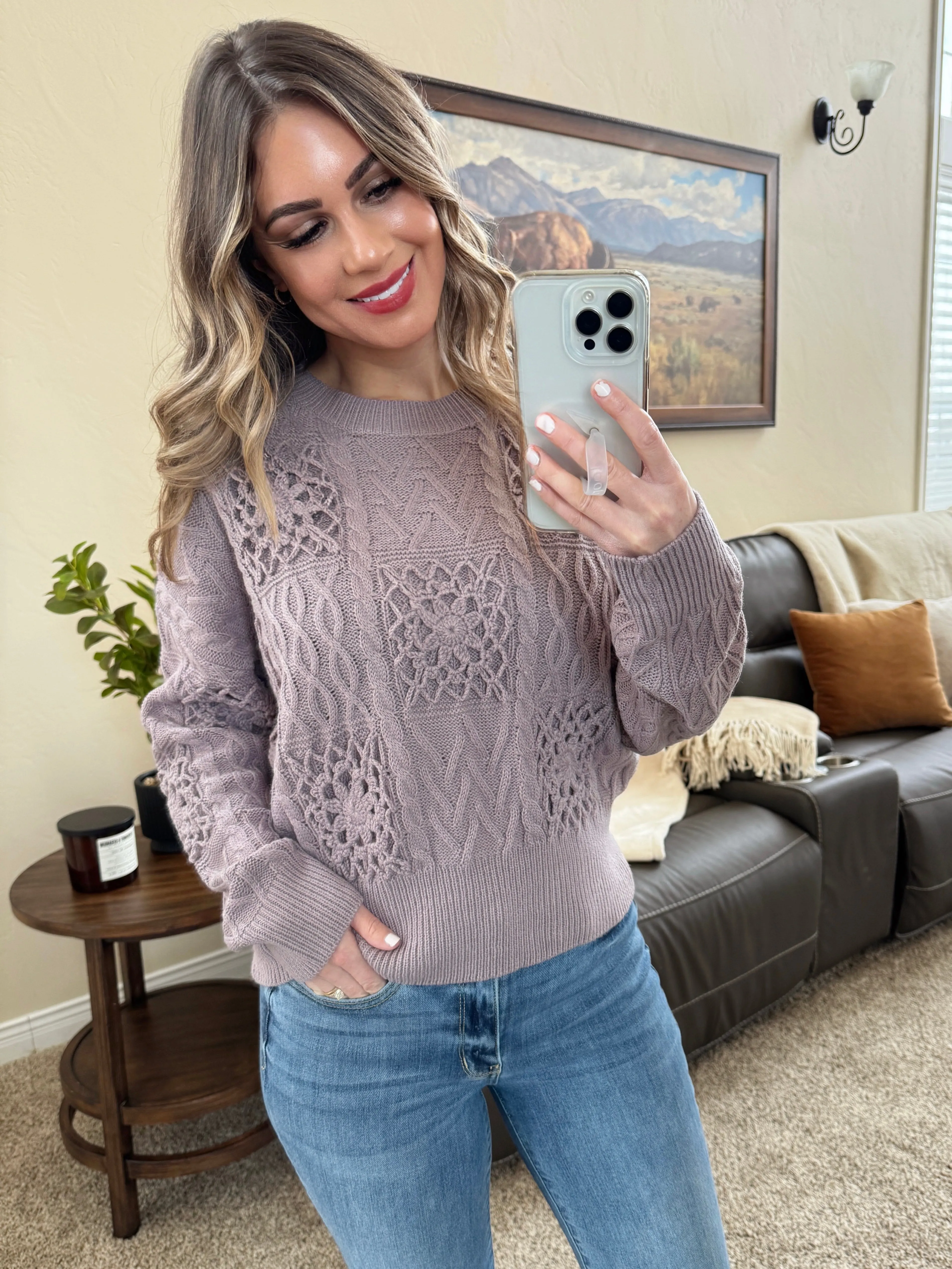 Floral Crochet Sweater in Dusty Lilac