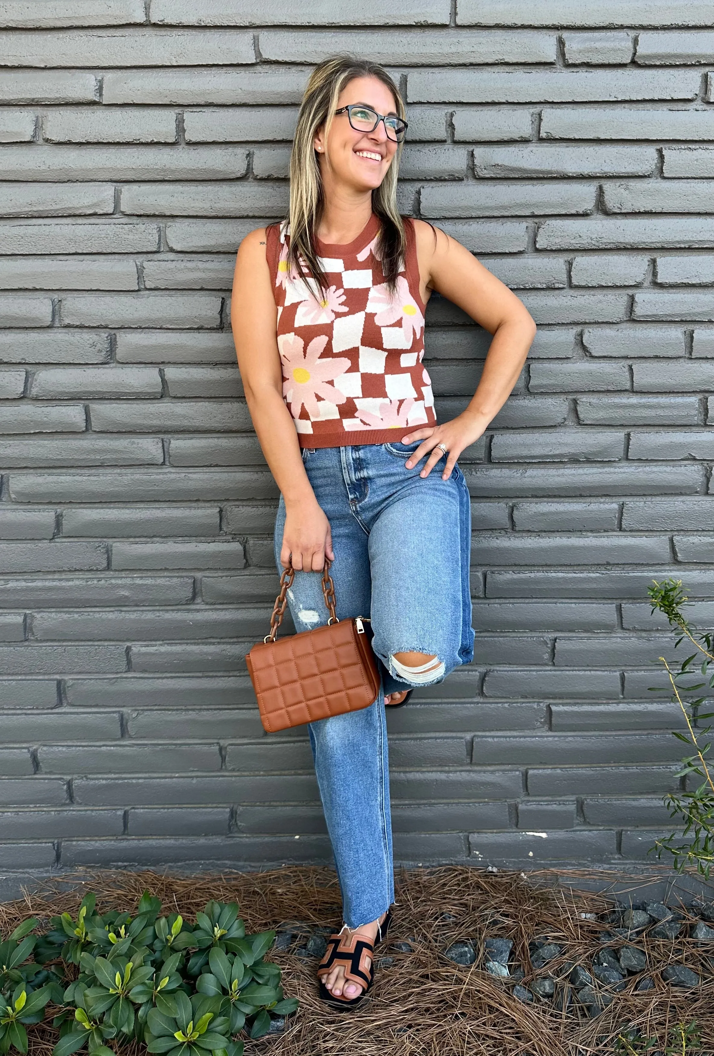 Flower Check Sweater Sleeveless