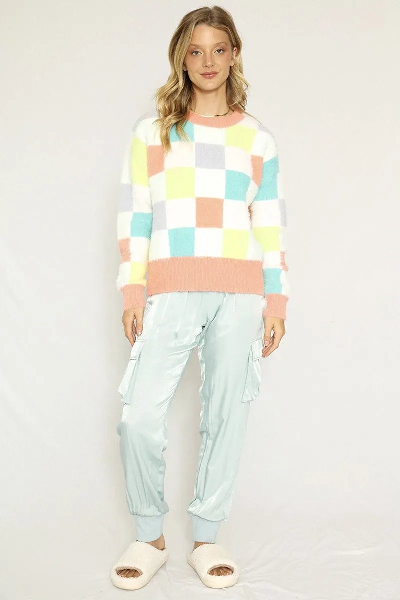 Fuzzy multicolor check sweater