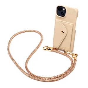 Genuine Leather iPhone Case - Stone - Champagne Diamante Lanyard