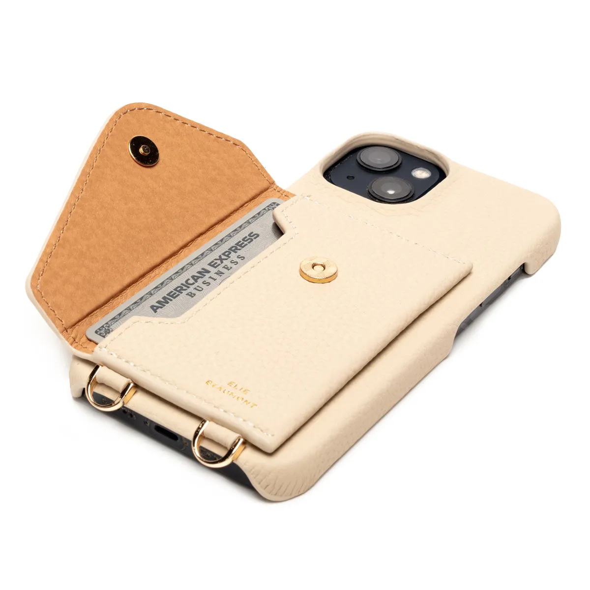 Genuine Leather iPhone Case - Stone - Champagne Diamante Lanyard