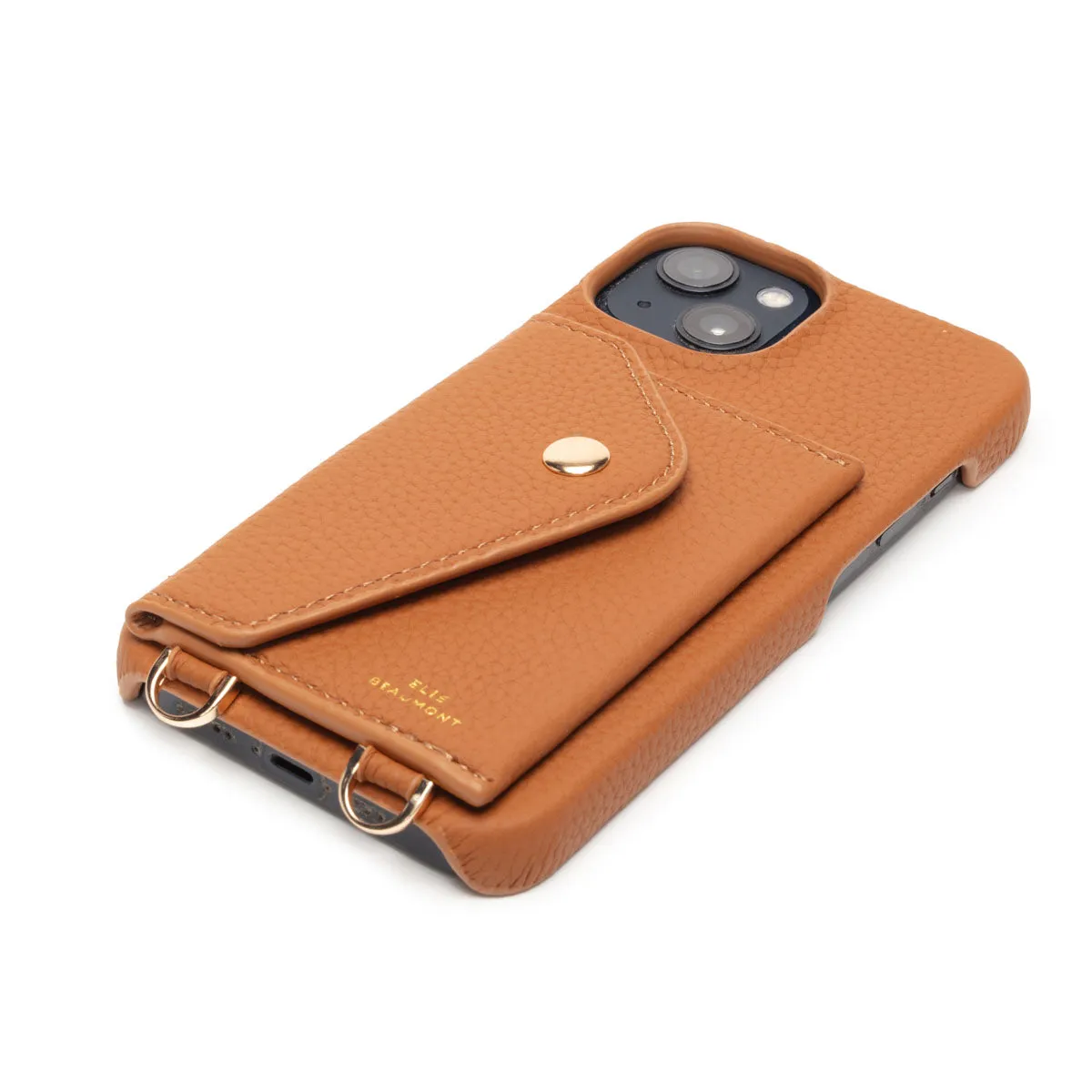 Genuine Leather iPhone Case - Tan - Champagne Diamante Lanyard