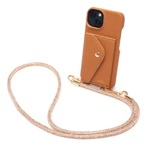 Genuine Leather iPhone Case - Tan - Champagne Diamante Lanyard