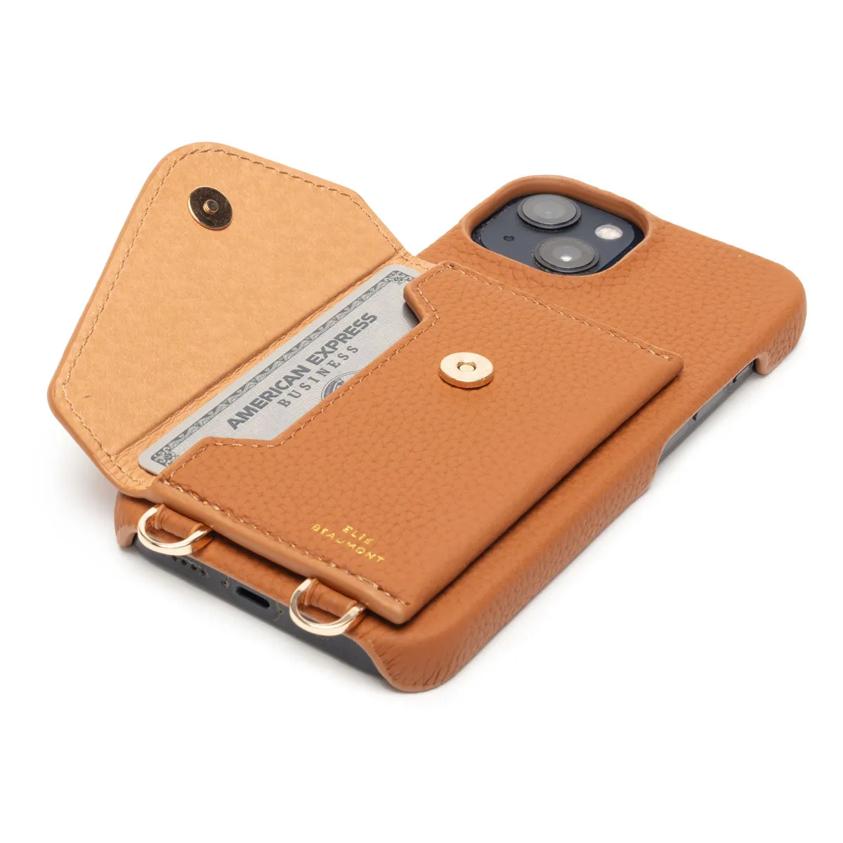 Genuine Leather iPhone Case - Tan - Champagne Diamante Lanyard