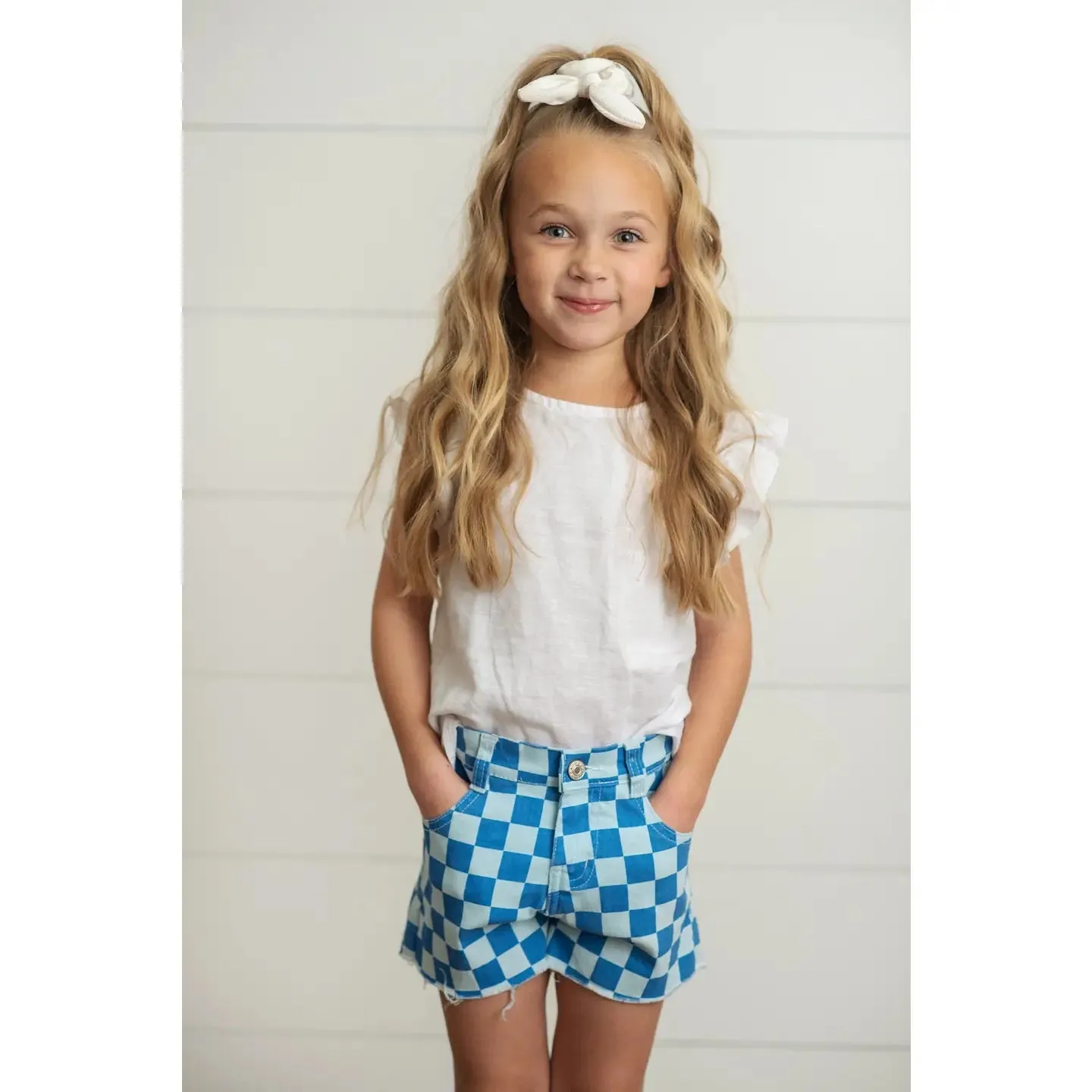 Girl's Checkered Blue Jean Shorts