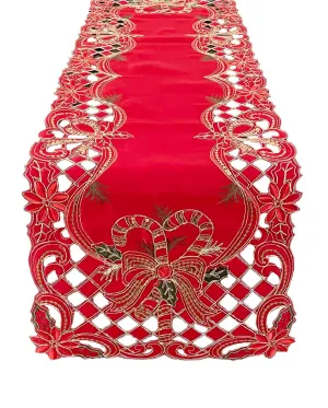 Gold Sequin Holly Bow  Red Table Runner 16" x 88"
