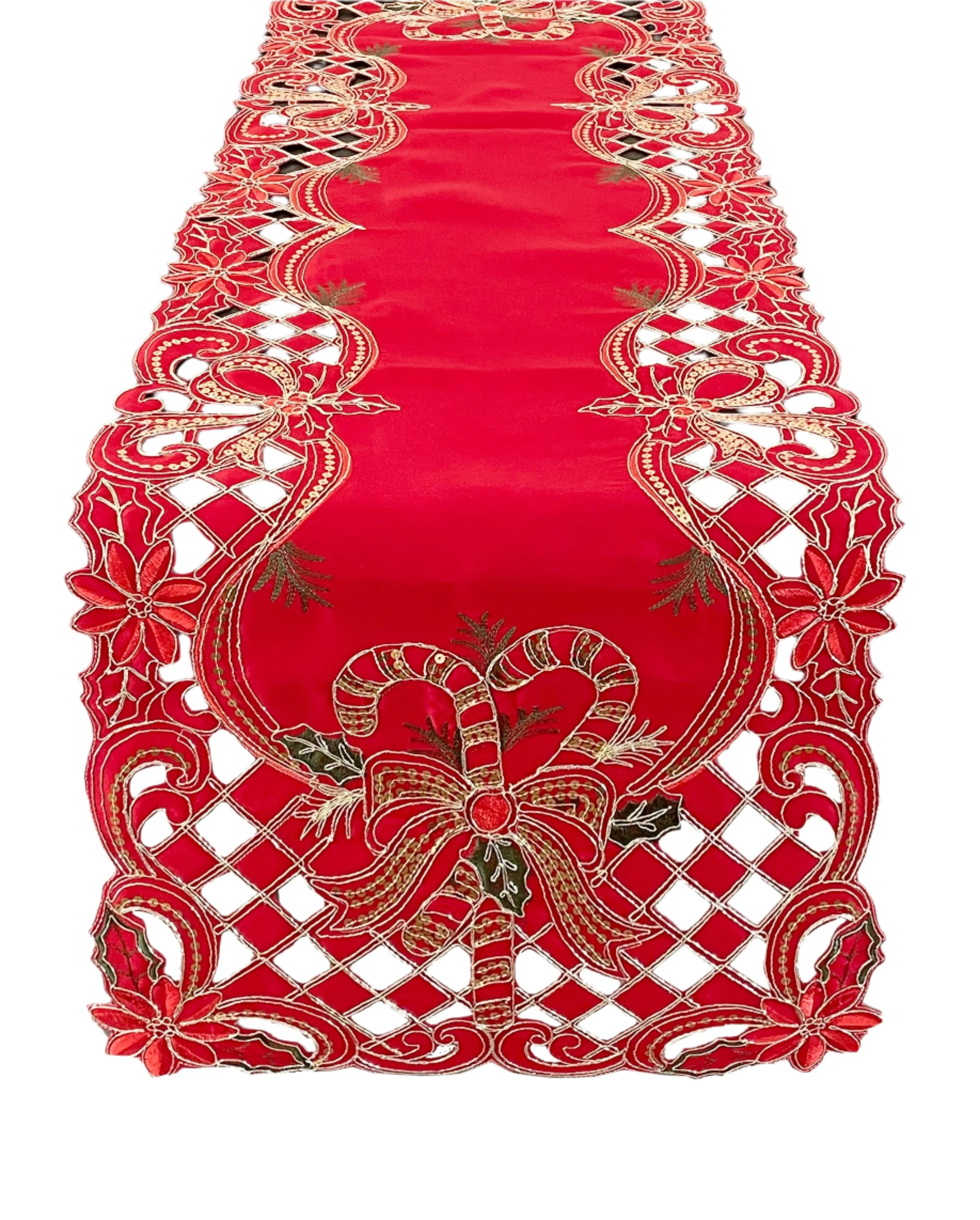 Gold Sequin Holly Bow  Red Table Runner 16" x 88"