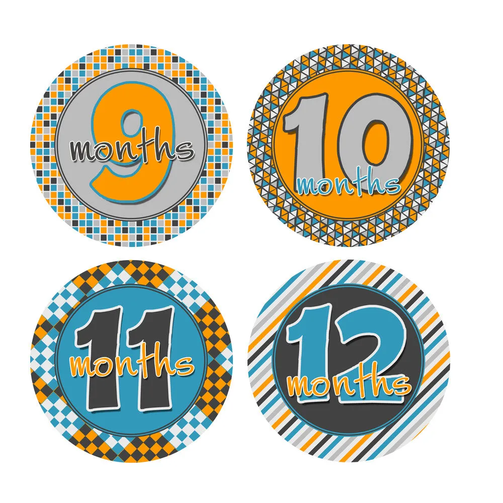 Gray, Blue, Orange Patterned Baby Month Stickers