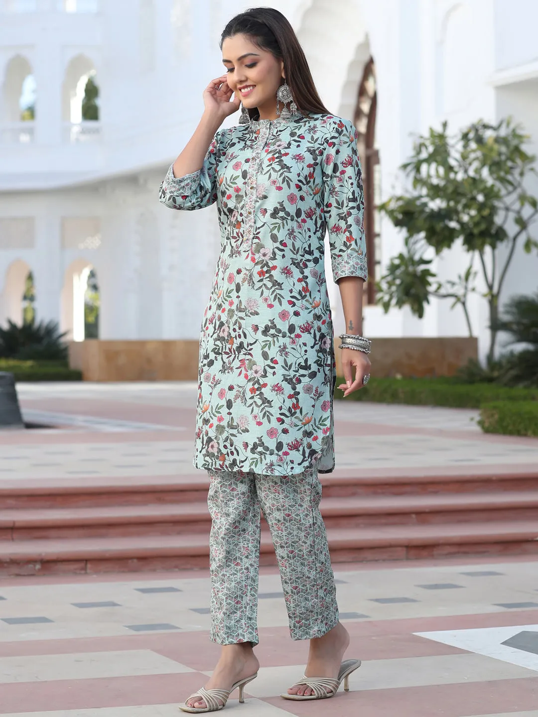Green Color Poly Slub Embellished Co-Ord Set Has Top And Trouser