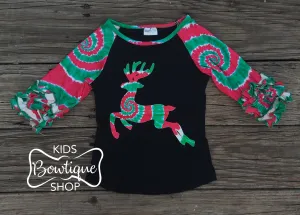 Green, Red, Black Tie Dye Reindeer Tee